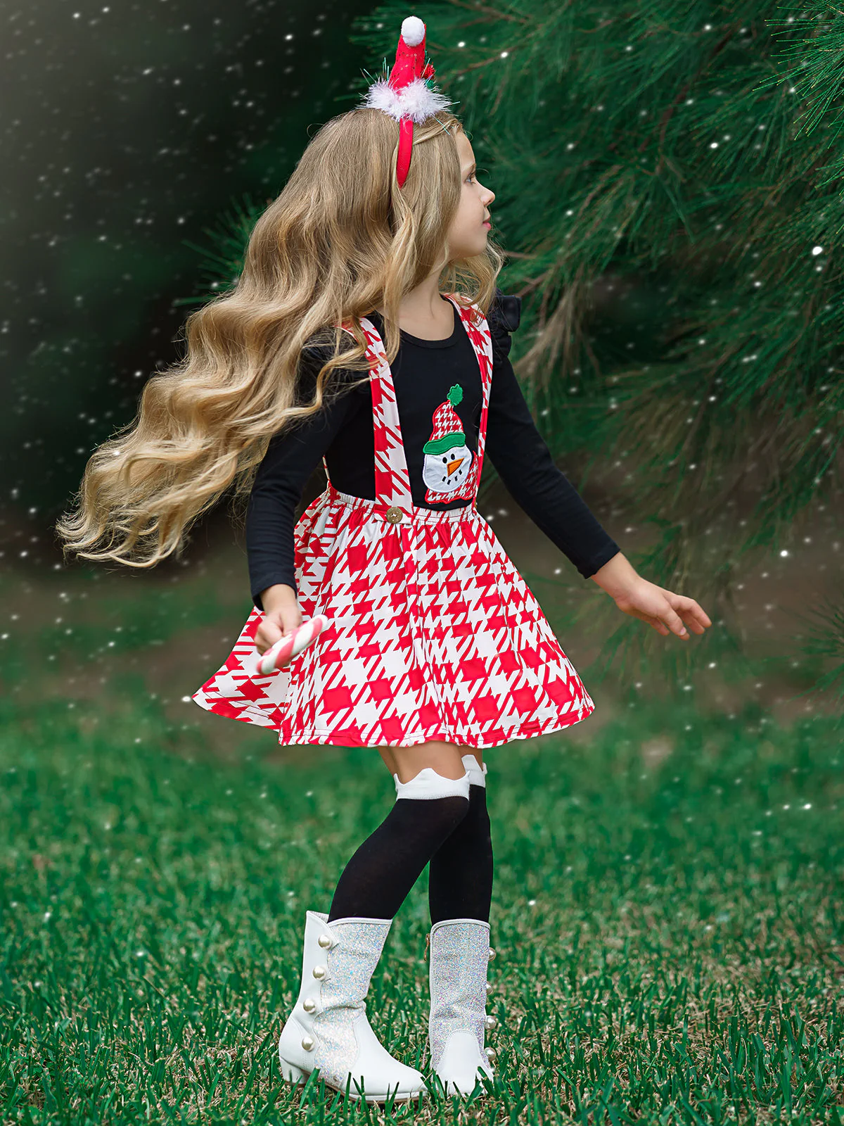 Girls Ruffled Shoulder Long Sleeve Applique Tunic And Printed Overall Dress Set - Image 2