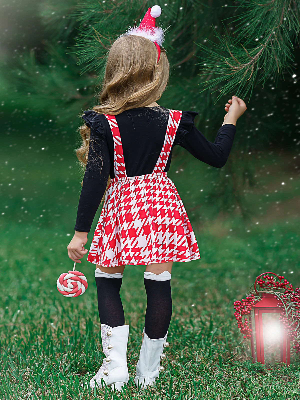 Girls Ruffled Shoulder Long Sleeve Applique Tunic And Printed Overall Dress Set - Image 3