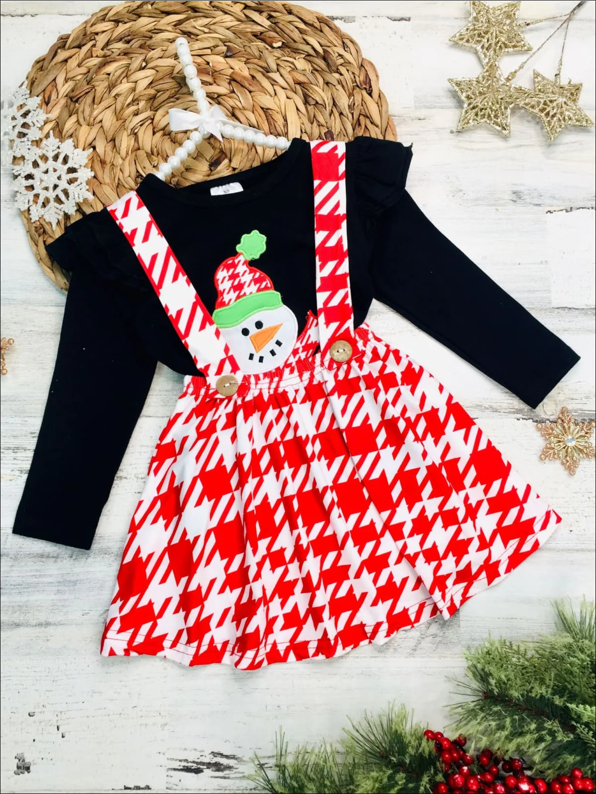 Girls Ruffled Shoulder Long Sleeve Applique Tunic And Printed Overall Dress Set - Image 4