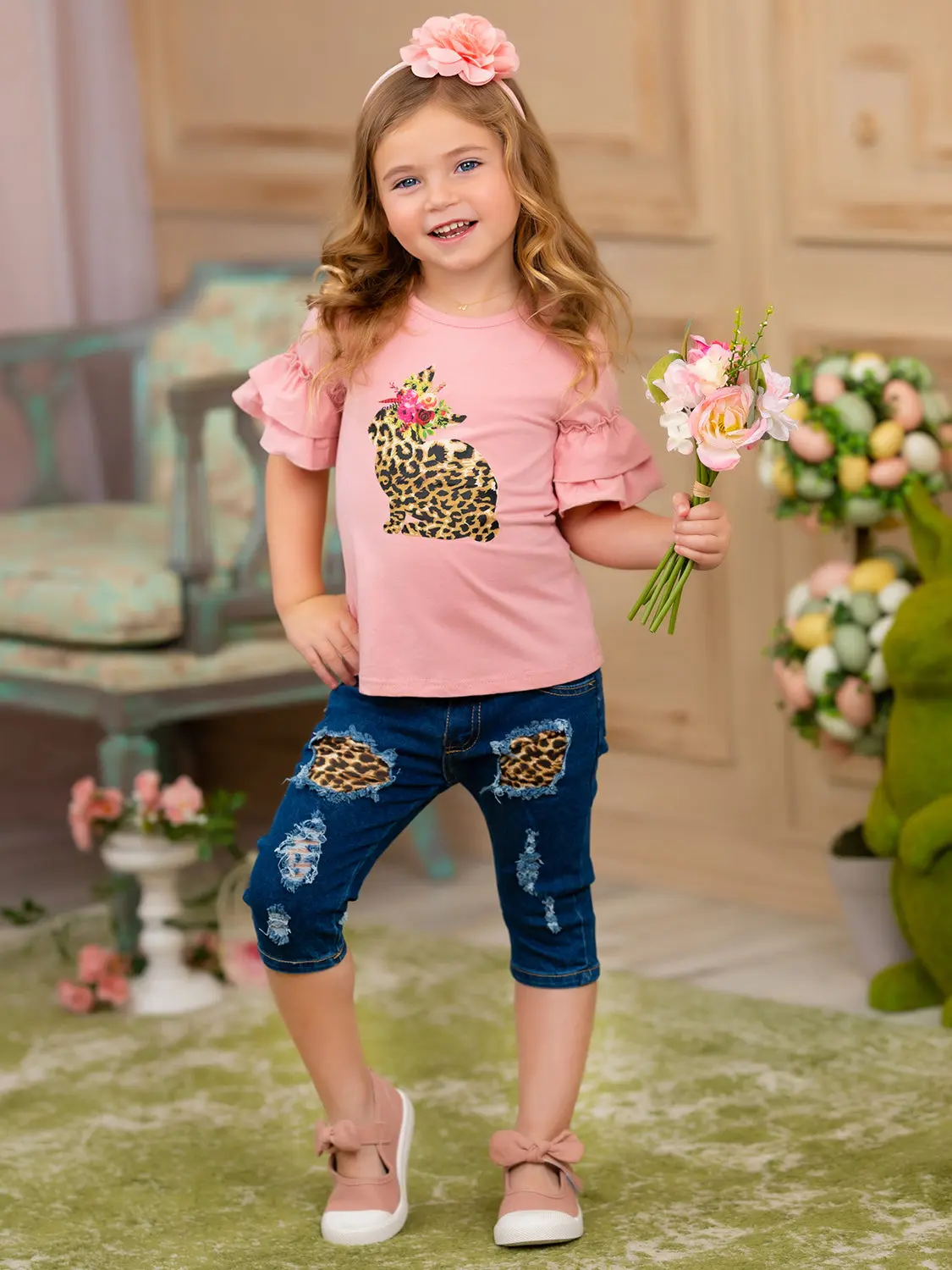 Some Bunny Loves Leopard Patched Denim Capris Set - Image 2