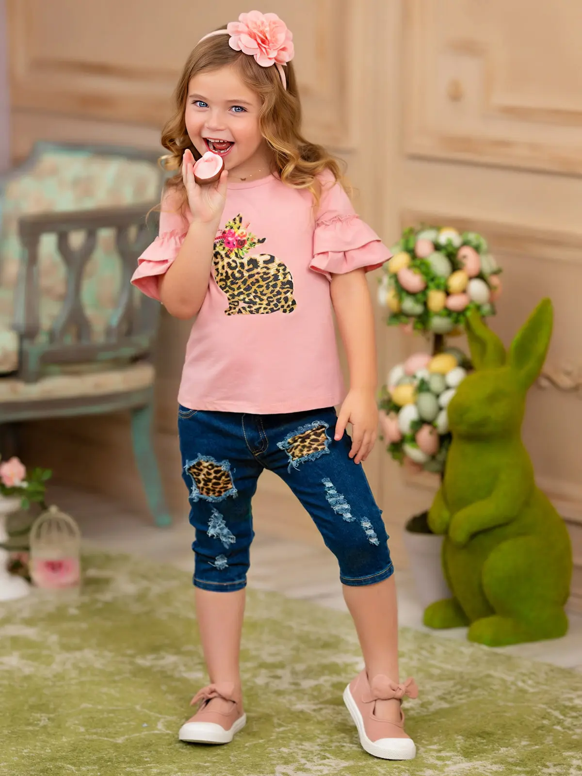 Some Bunny Loves Leopard Patched Denim Capris Set - Image 3