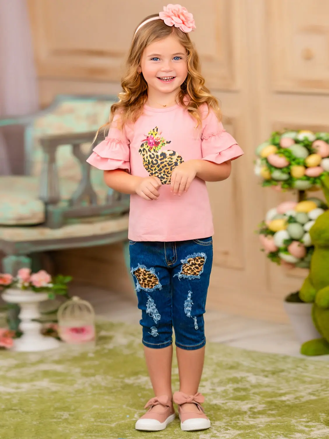 Some Bunny Loves Leopard Patched Denim Capris Set - Image 4
