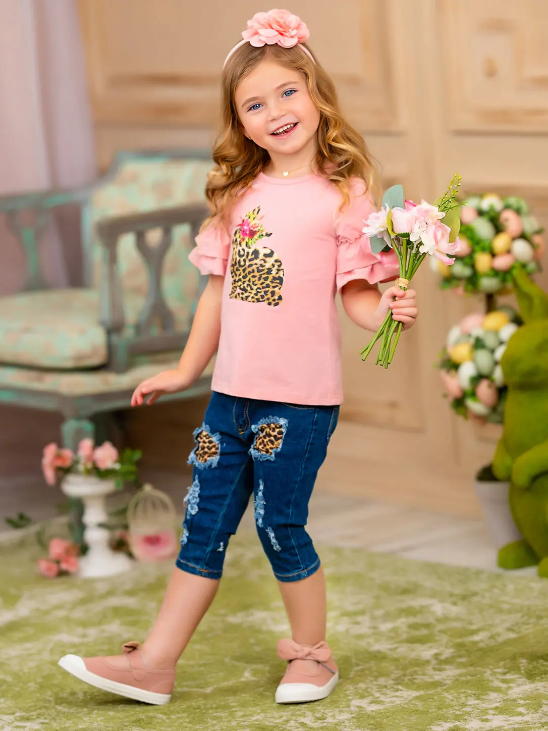 Some Bunny Loves Leopard Patched Denim Capris Set - Image 5