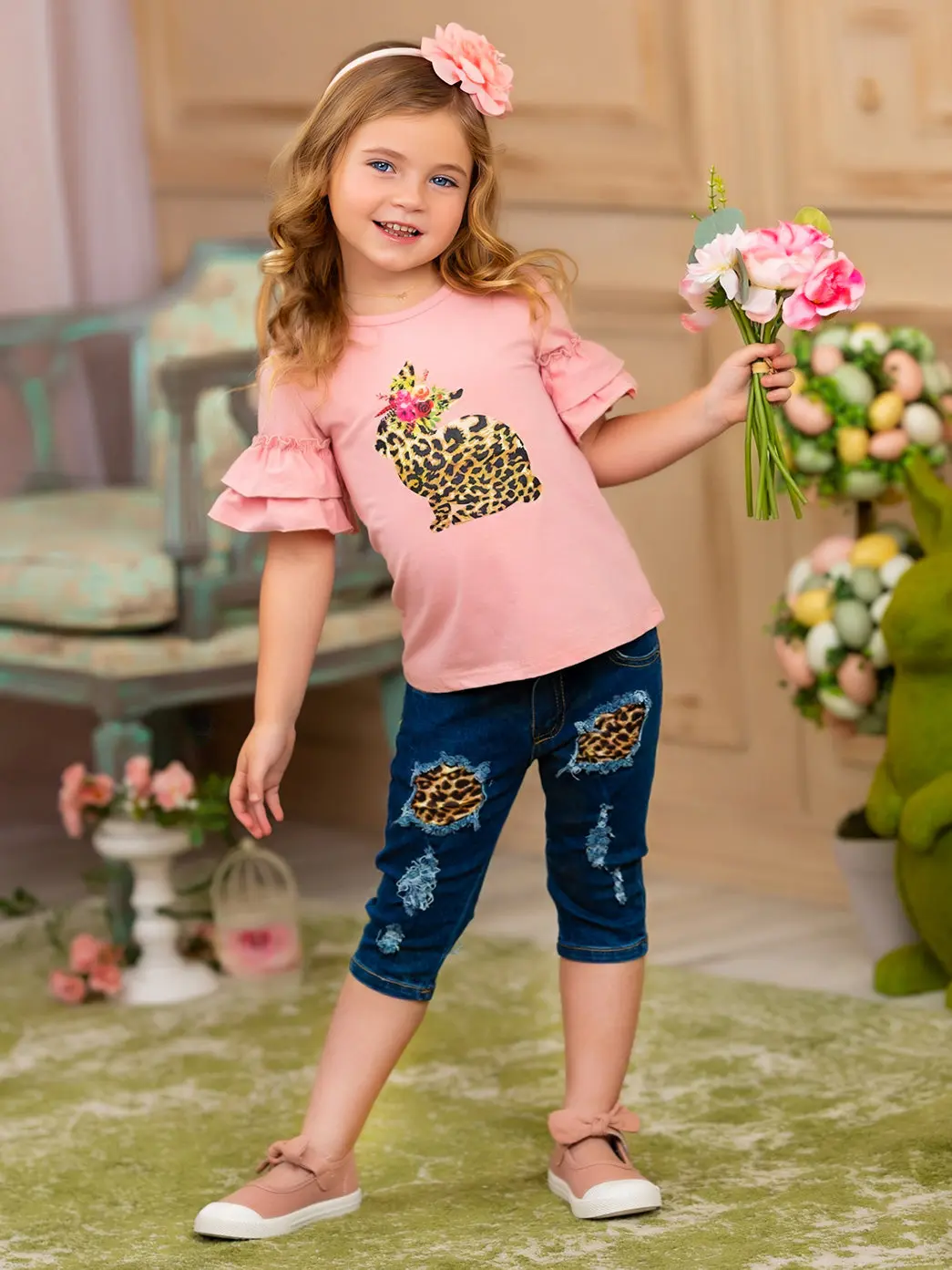 Some Bunny Loves Leopard Patched Denim Capris Set - Image 6