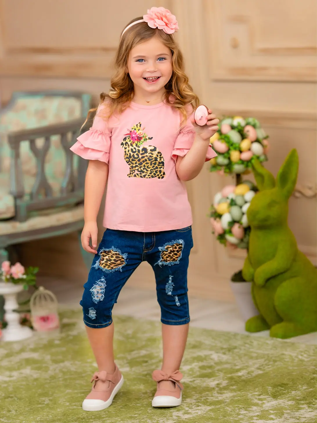 Some Bunny Loves Leopard Patched Denim Capris Set - Image 7