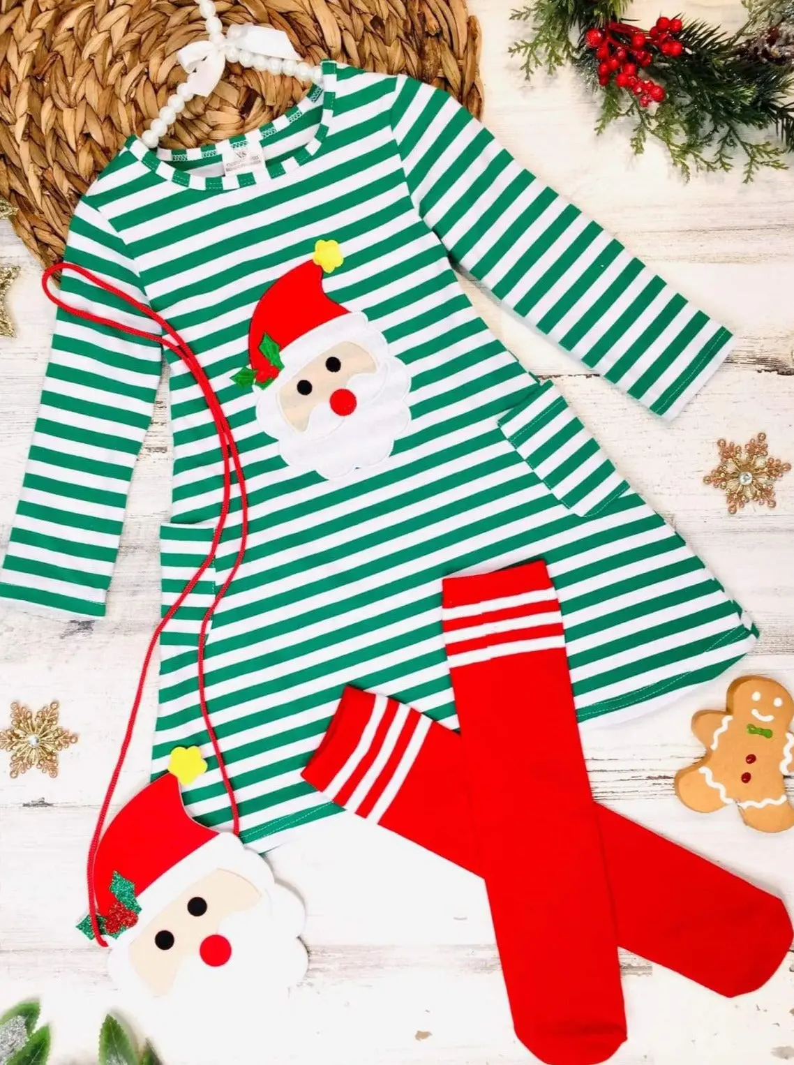 Santa Striped Pocket Dress, Purse And Socks Set - Image 3