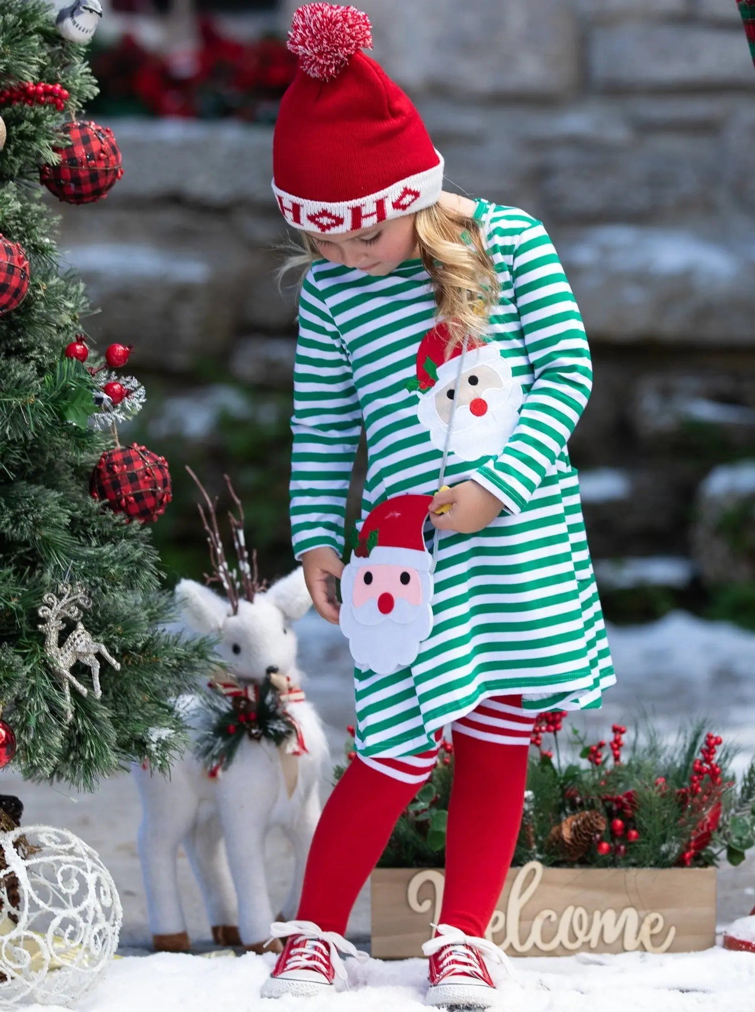 Santa Striped Pocket Dress, Purse And Socks Set - Image 4