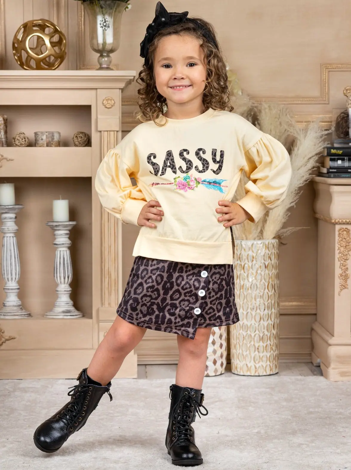 Sassy Sweatshirt and Leopard Print Buttoned Skirt Set - Image 2