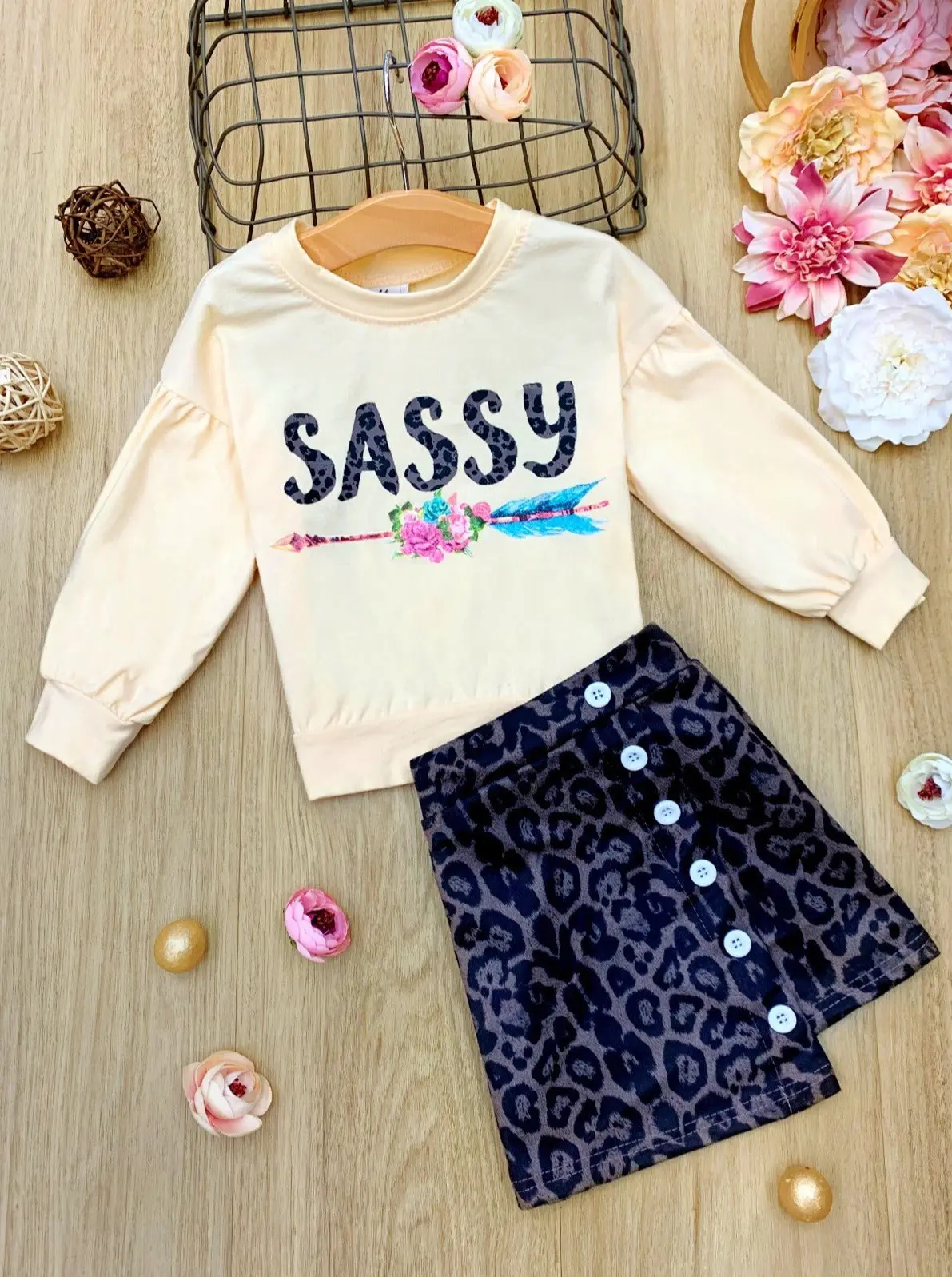 Sassy Sweatshirt and Leopard Print Buttoned Skirt Set - Image 3
