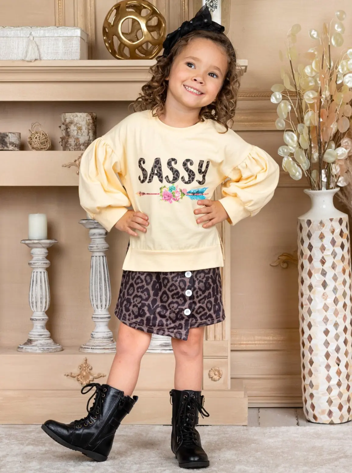 Sassy Sweatshirt and Leopard Print Buttoned Skirt Set - Image 4