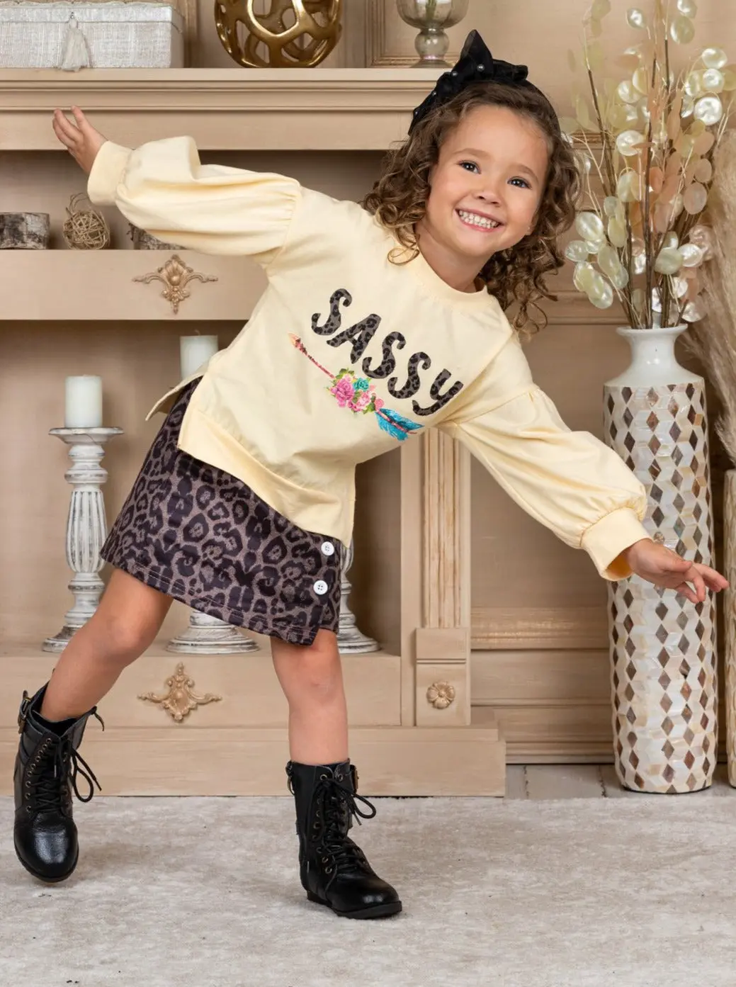 Sassy Sweatshirt and Leopard Print Buttoned Skirt Set - Image 5