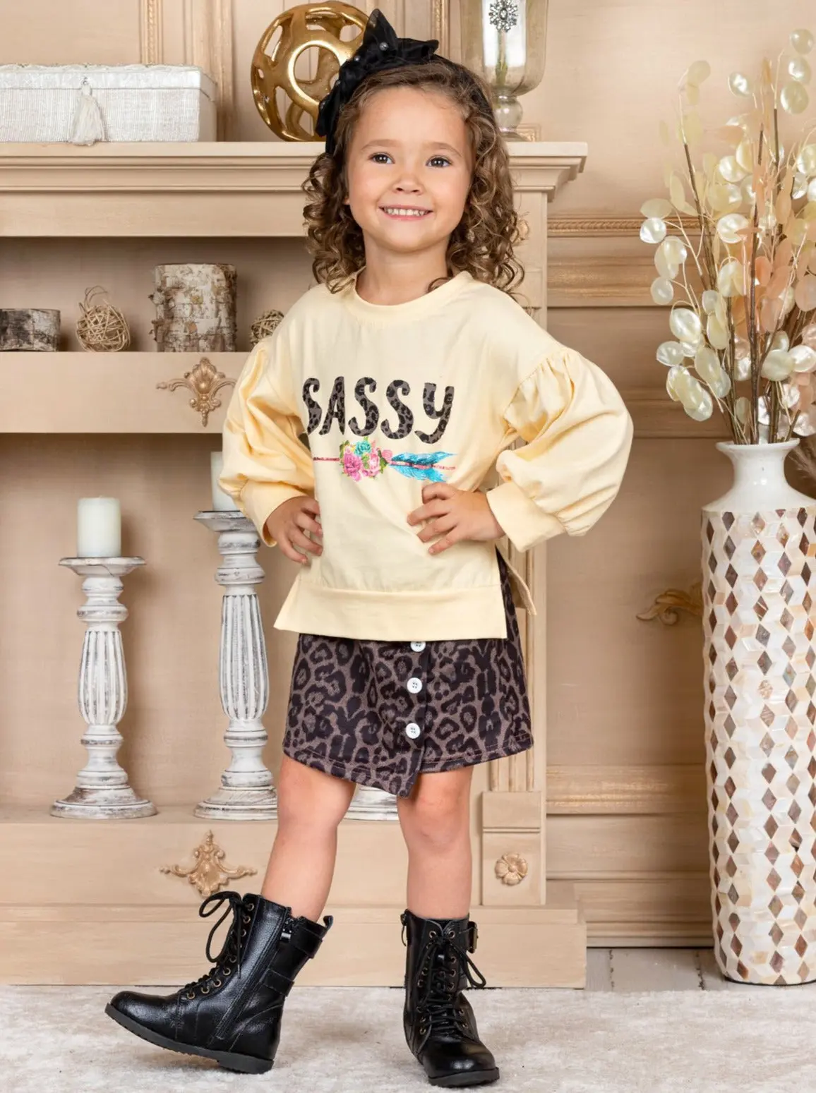 Sassy Sweatshirt and Leopard Print Buttoned Skirt Set - Image 6