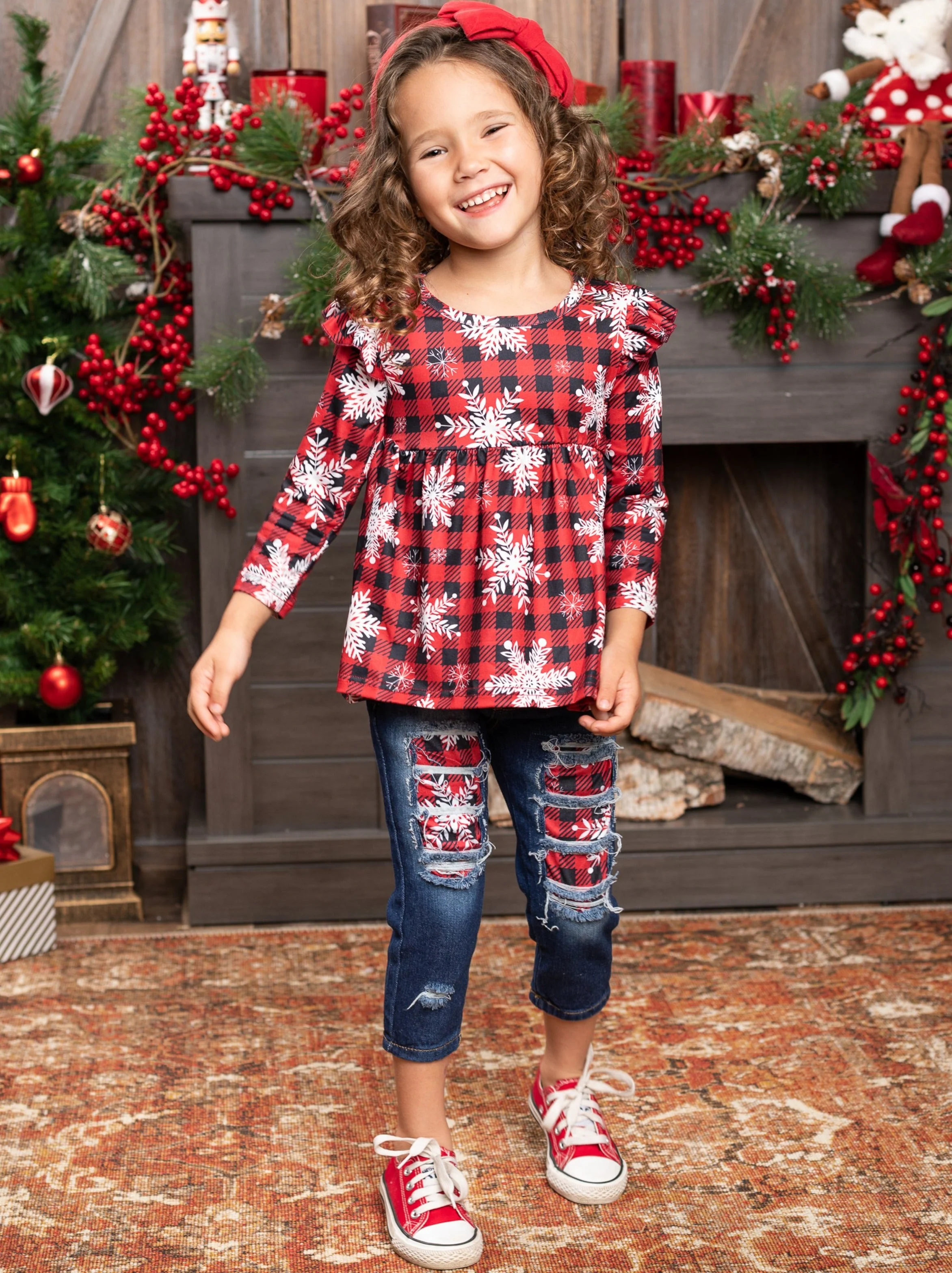 Say It Ain't Snow Plaid Patched Jeans Set - Image 2