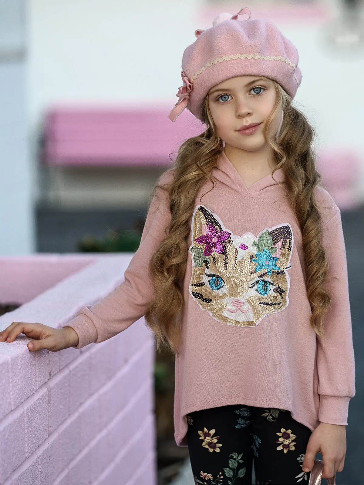 Girls Hi-Lo Sequin Cat Applique Hooded Sweatshirt And Floral Legging Set - Image 3