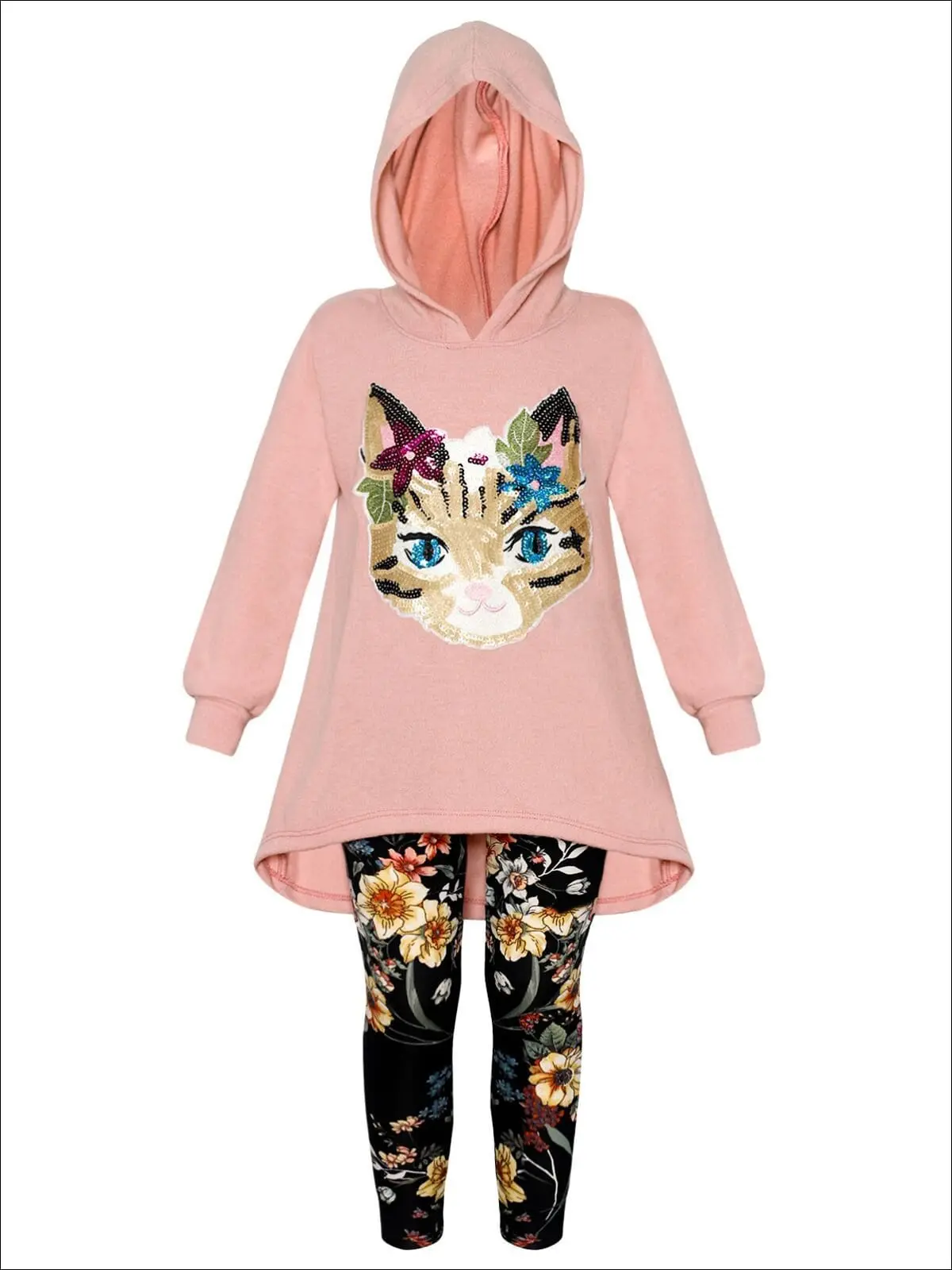 Girls Hi-Lo Sequin Cat Applique Hooded Sweatshirt And Floral Legging Set - Image 4