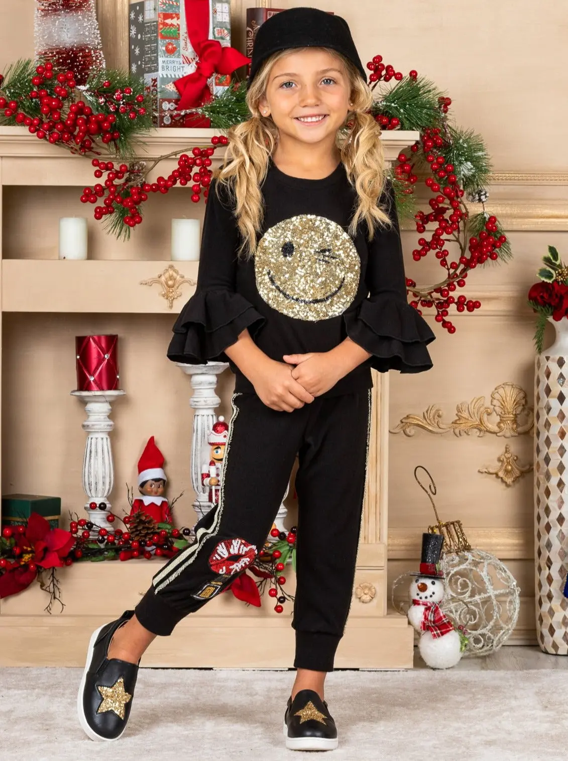 Girls Sequin Winky Face Ruffle Sleeve Pullover Sweatshirt and Jogger Set - Image 3
