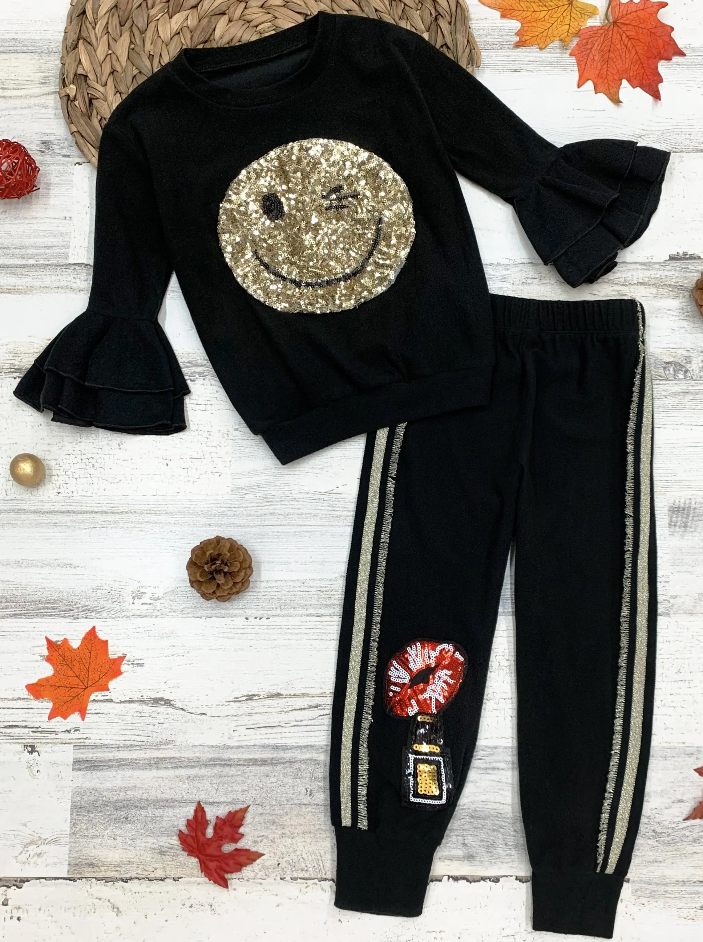 Girls Sequin Winky Face Ruffle Sleeve Pullover Sweatshirt and Jogger Set - Image 6