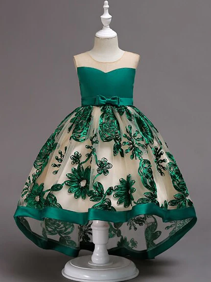 Sheer Collar Green Embroidered Hi-Lo Dress - Image 2