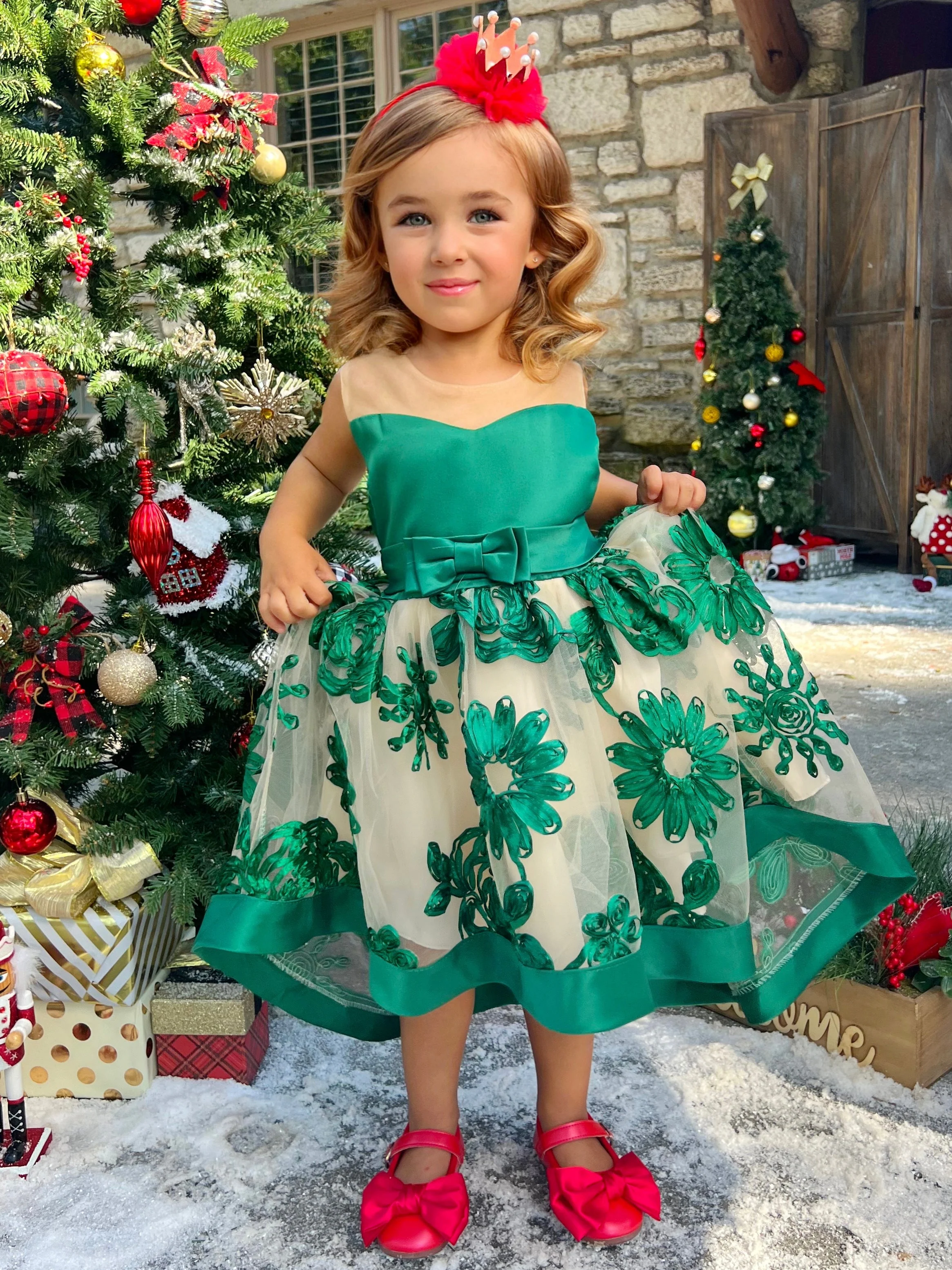 Sheer Collar Green Embroidered Hi-Lo Dress - Image 3