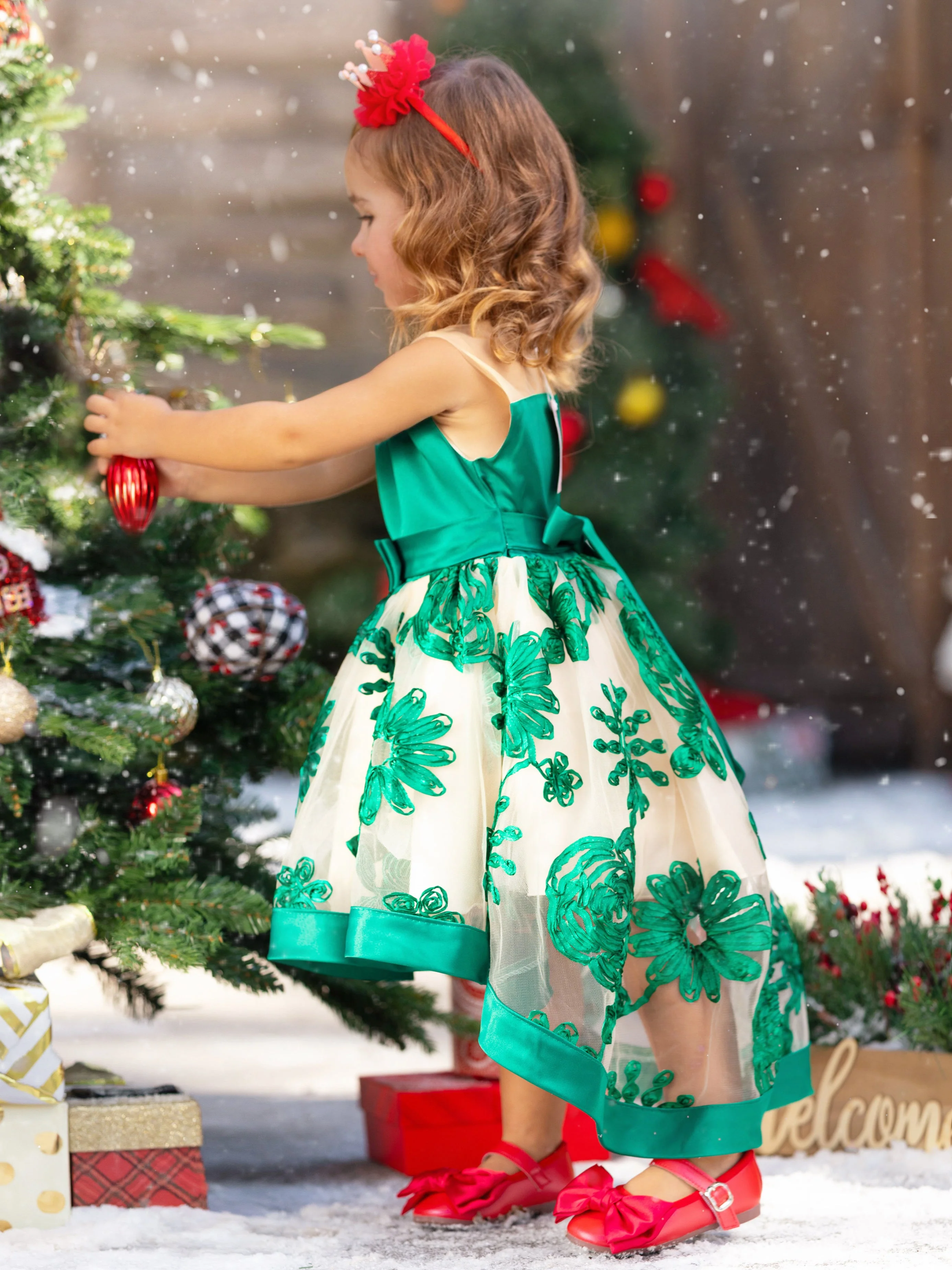 Sheer Collar Green Embroidered Hi-Lo Dress - Image 4