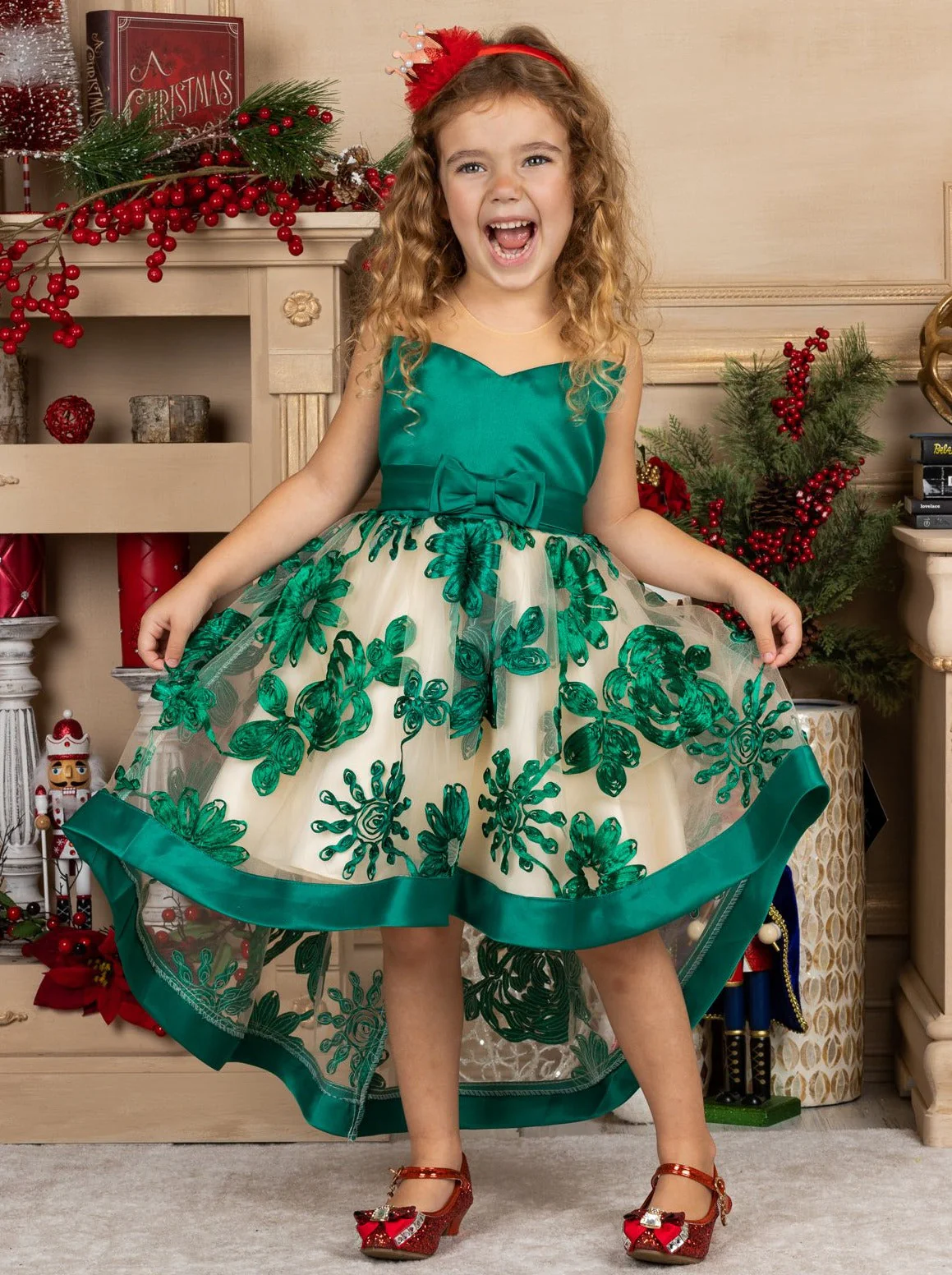 Sheer Collar Green Embroidered Hi-Lo Dress - Image 7