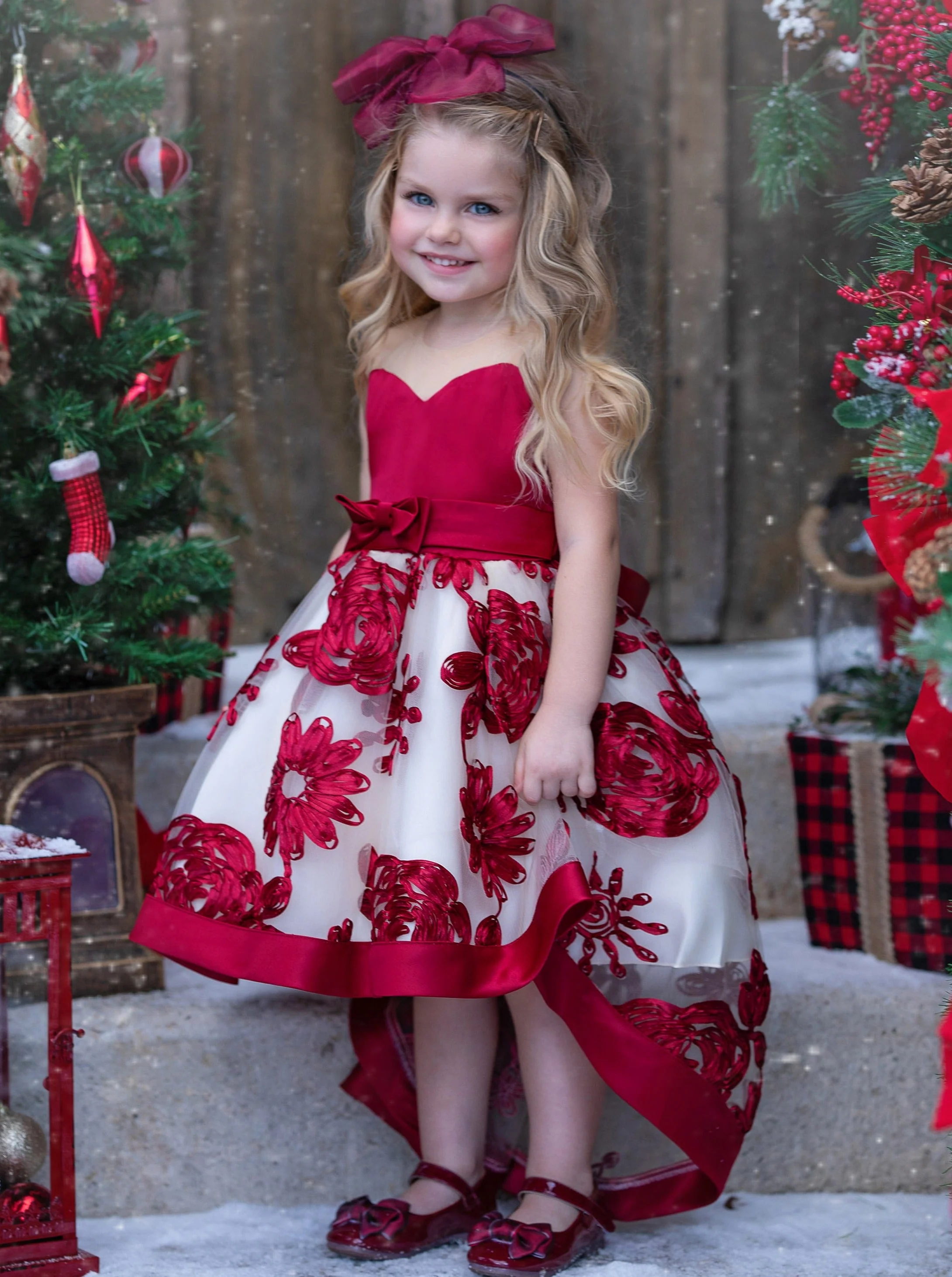 Sheer Collar Red Embroidered Hi-Lo Dress - Image 2