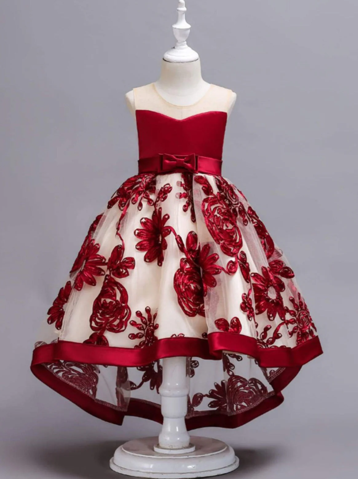 Sheer Collar Red Embroidered Hi-Lo Dress - Image 3