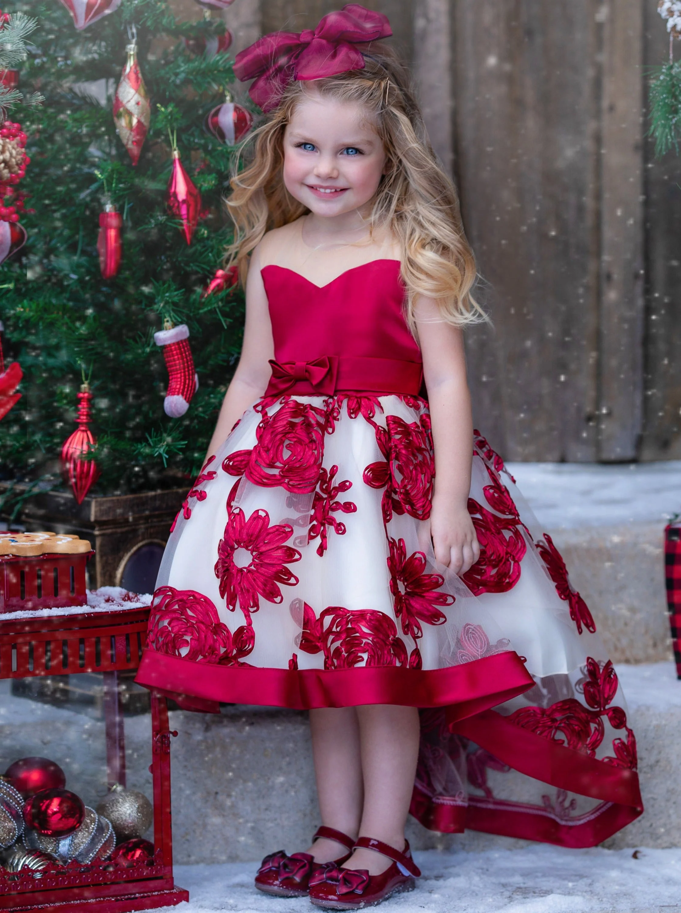 Sheer Collar Red Embroidered Hi-Lo Dress - Image 4