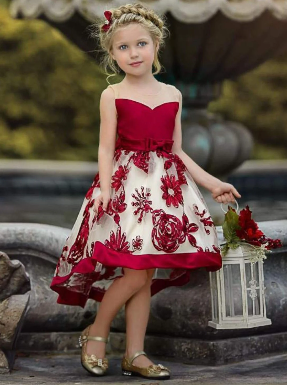 Sheer Collar Red Embroidered Hi-Lo Dress - Image 5