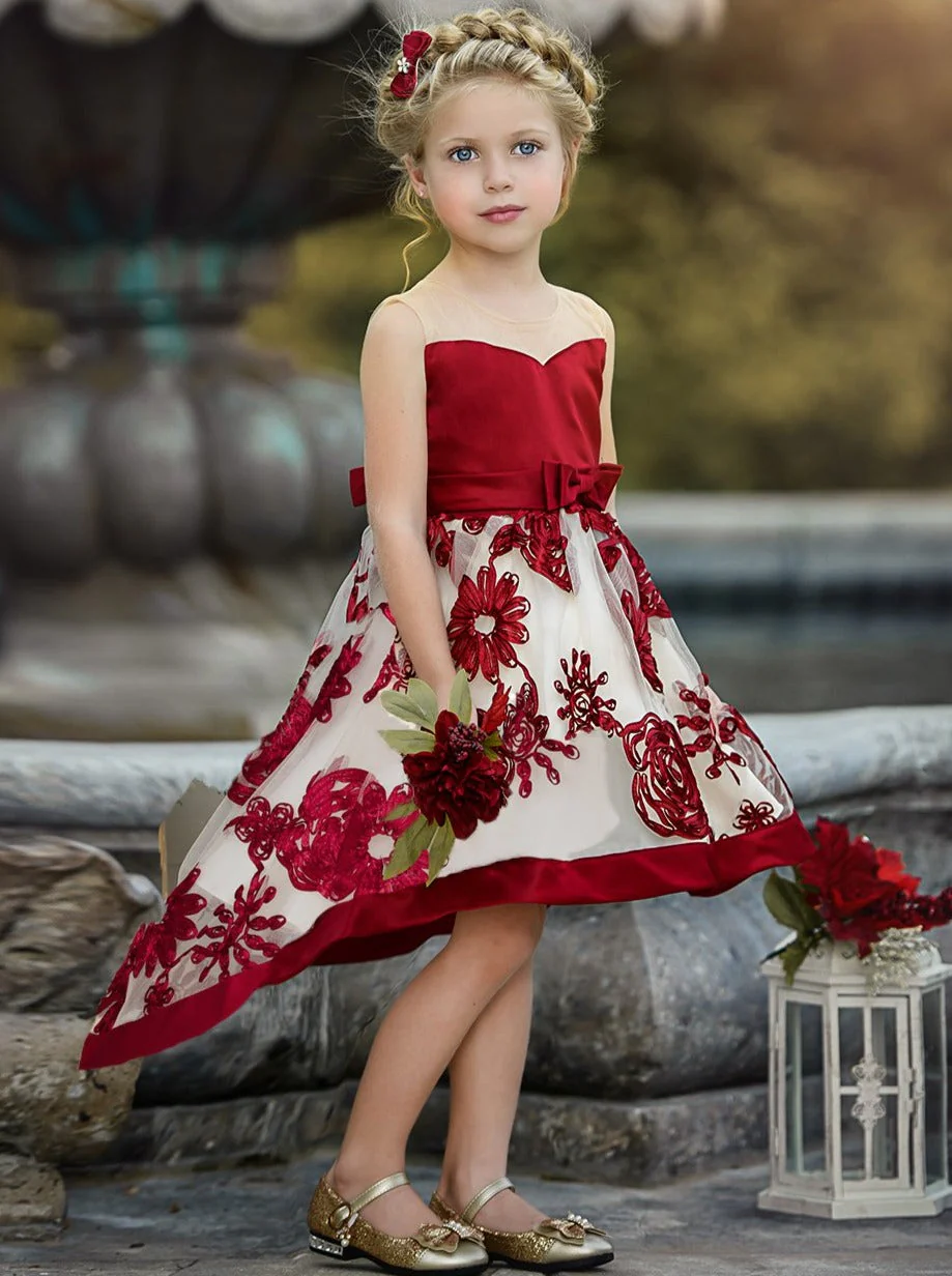 Sheer Collar Red Embroidered Hi-Lo Dress - Image 6