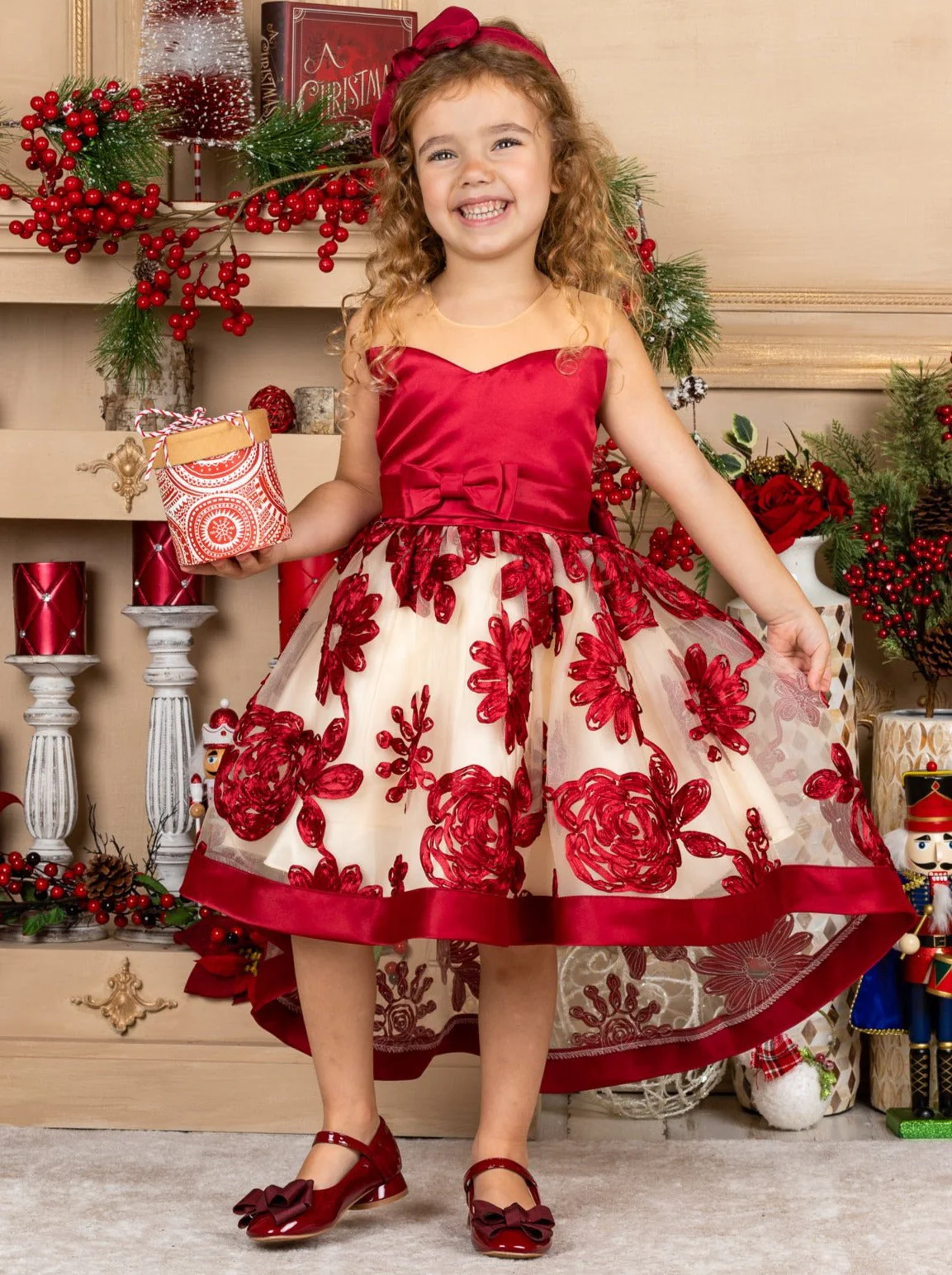 Sheer Collar Red Embroidered Hi-Lo Dress - Image 7