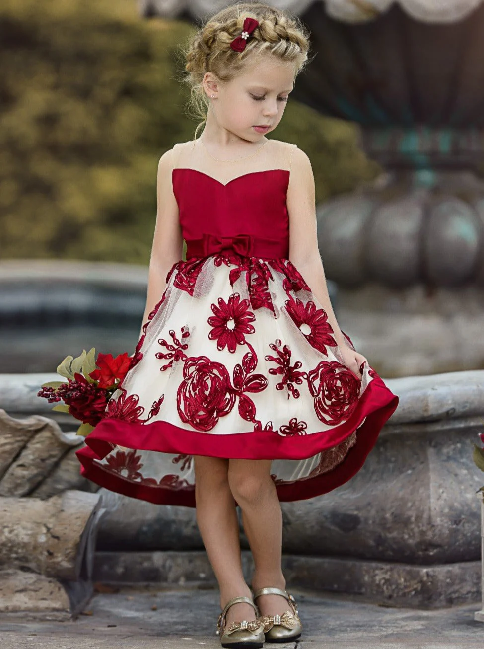 Sheer Collar Red Embroidered Hi-Lo Dress - Image 8