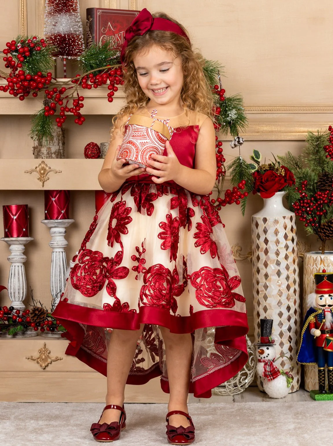 Sheer Collar Red Embroidered Hi-Lo Dress - Image 9