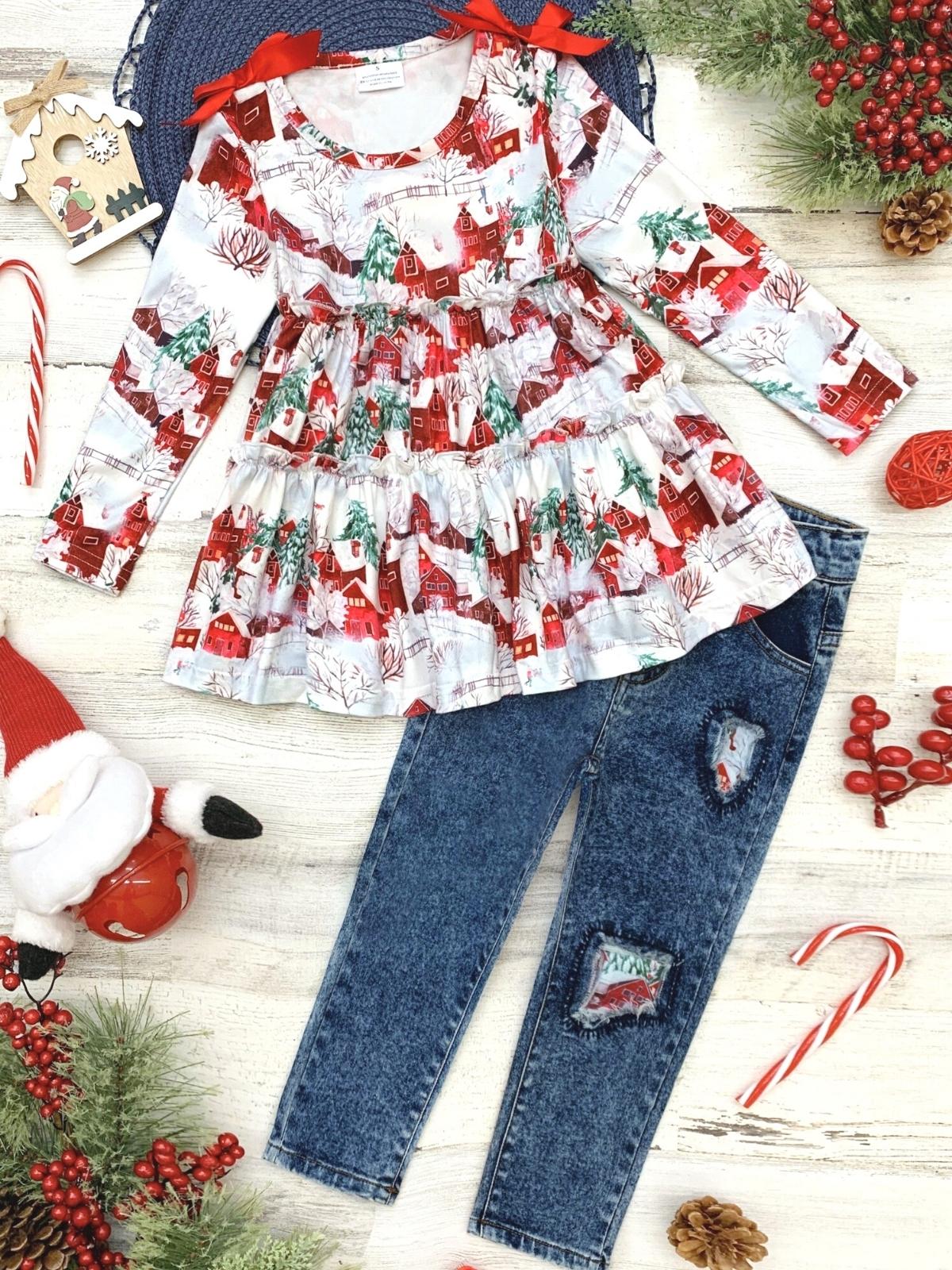 Sleigh Princess Ruffled Top and Patched Jeans Set - Image 3