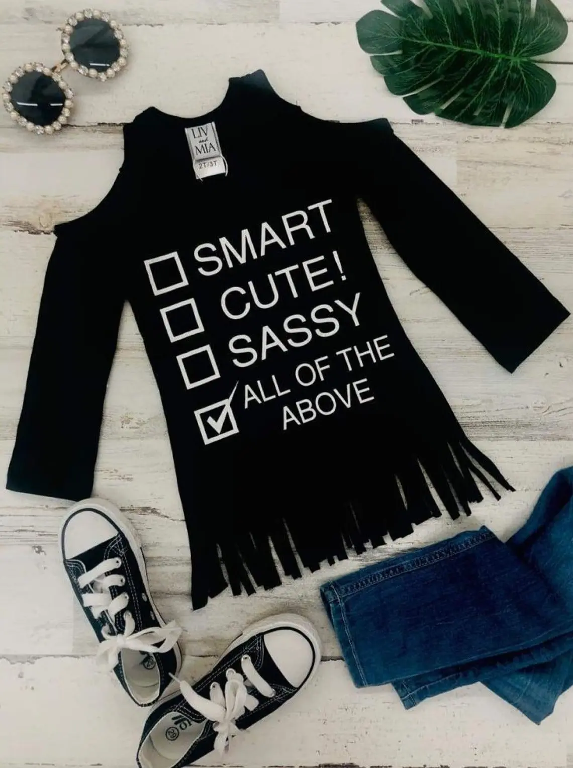 Smart, Cute, Sassy Checklist Cold Shoulder Fringe Top - Image 2