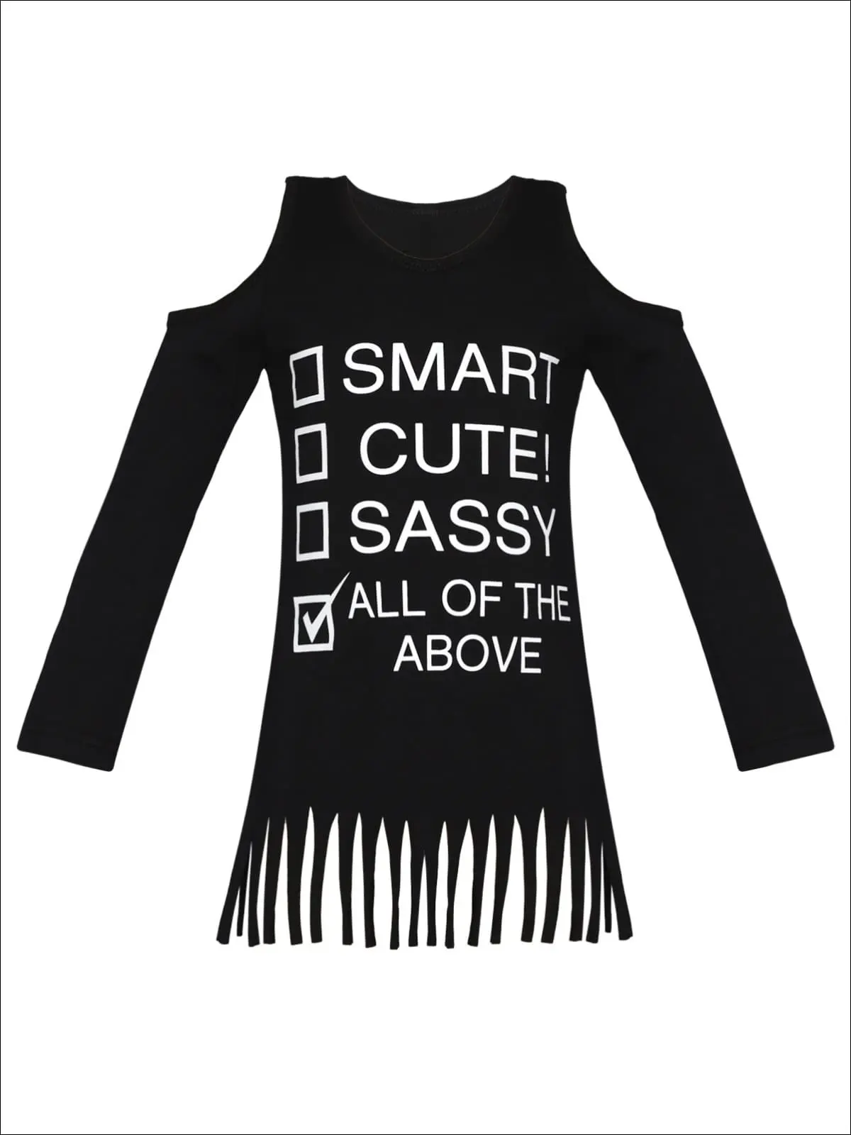Smart, Cute, Sassy Checklist Cold Shoulder Fringe Top - Image 3