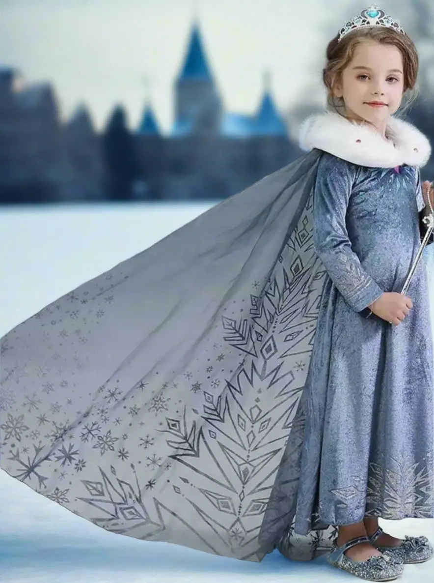 Girls Snow Queen Inspired Costume Dress with Cape - Image 3