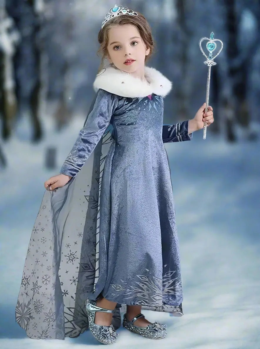 Girls Snow Queen Inspired Costume Dress with Cape - Image 4