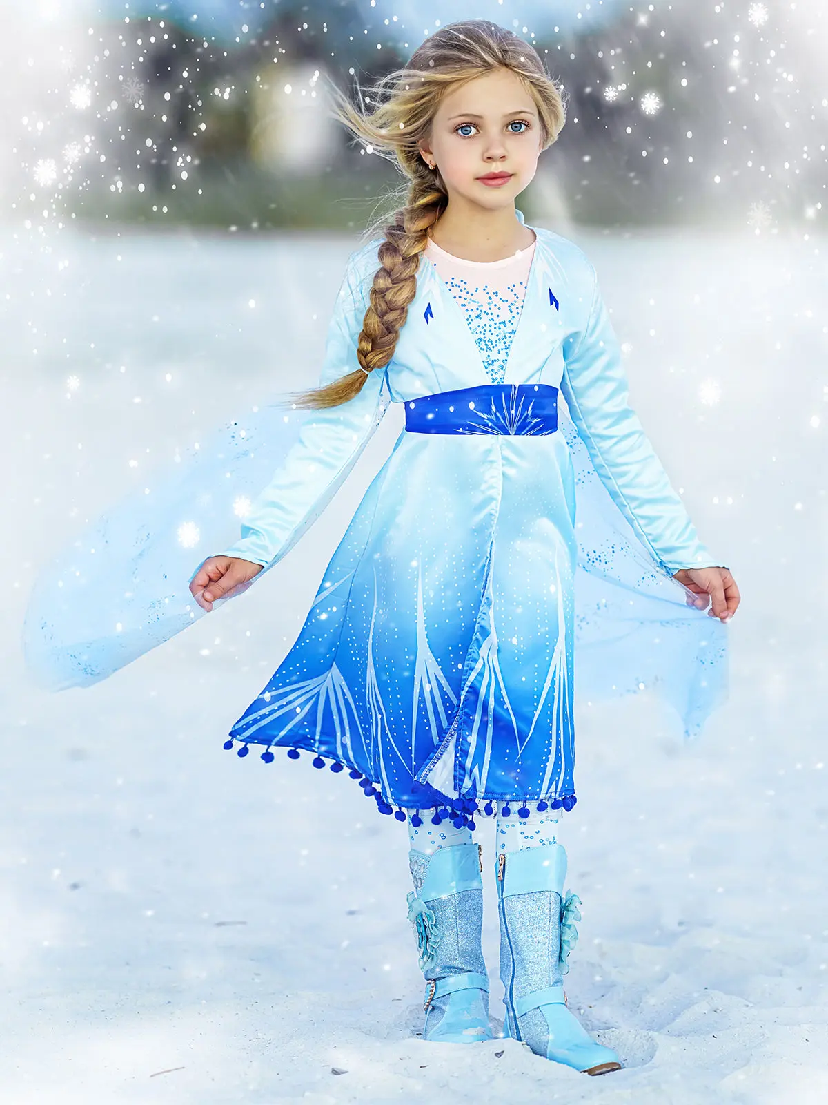 Girls Snow Queen Sparkle Costume Dress with Leggings - Image 3