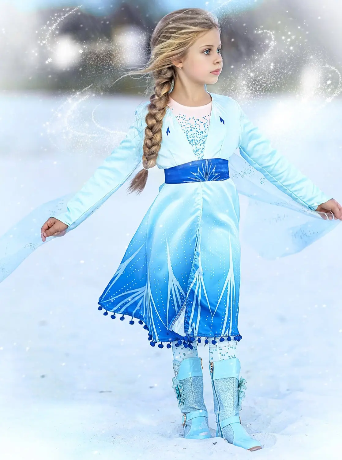 Girls Snow Queen Sparkle Costume Dress with Leggings - Image 5