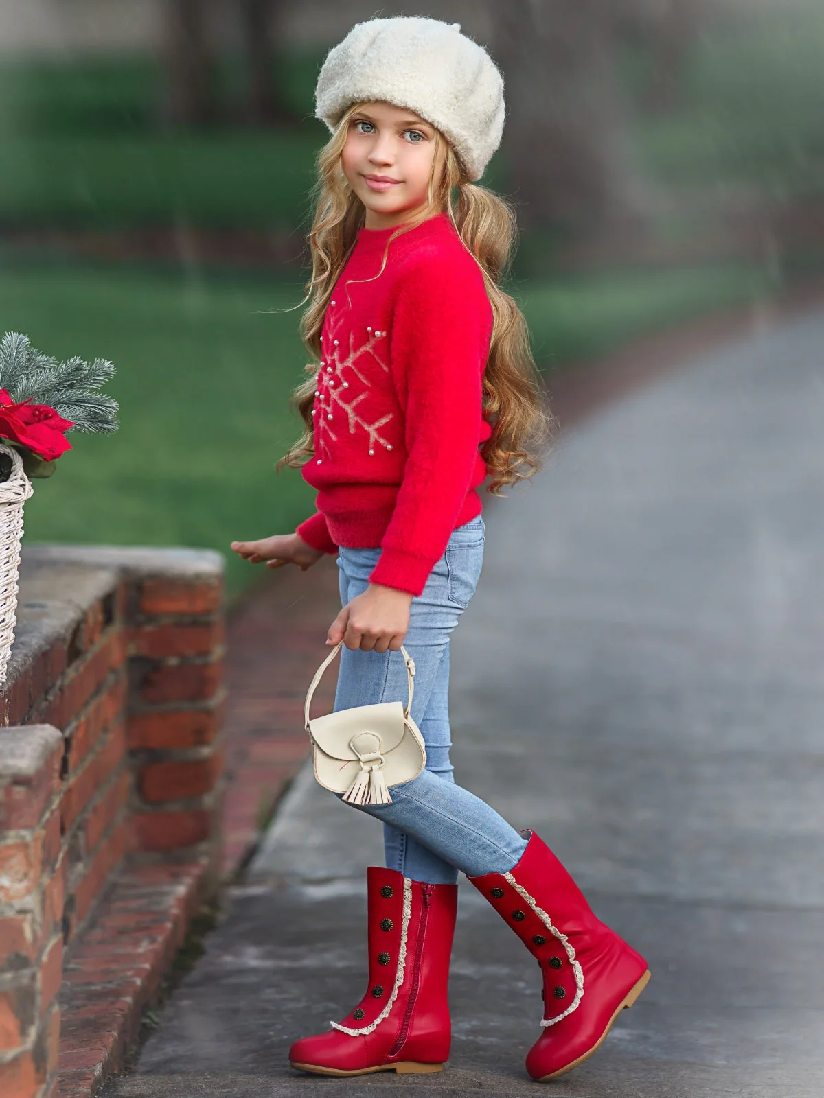 Snowflake and Pearls Fuzzy Holiday Sweater - Image 2
