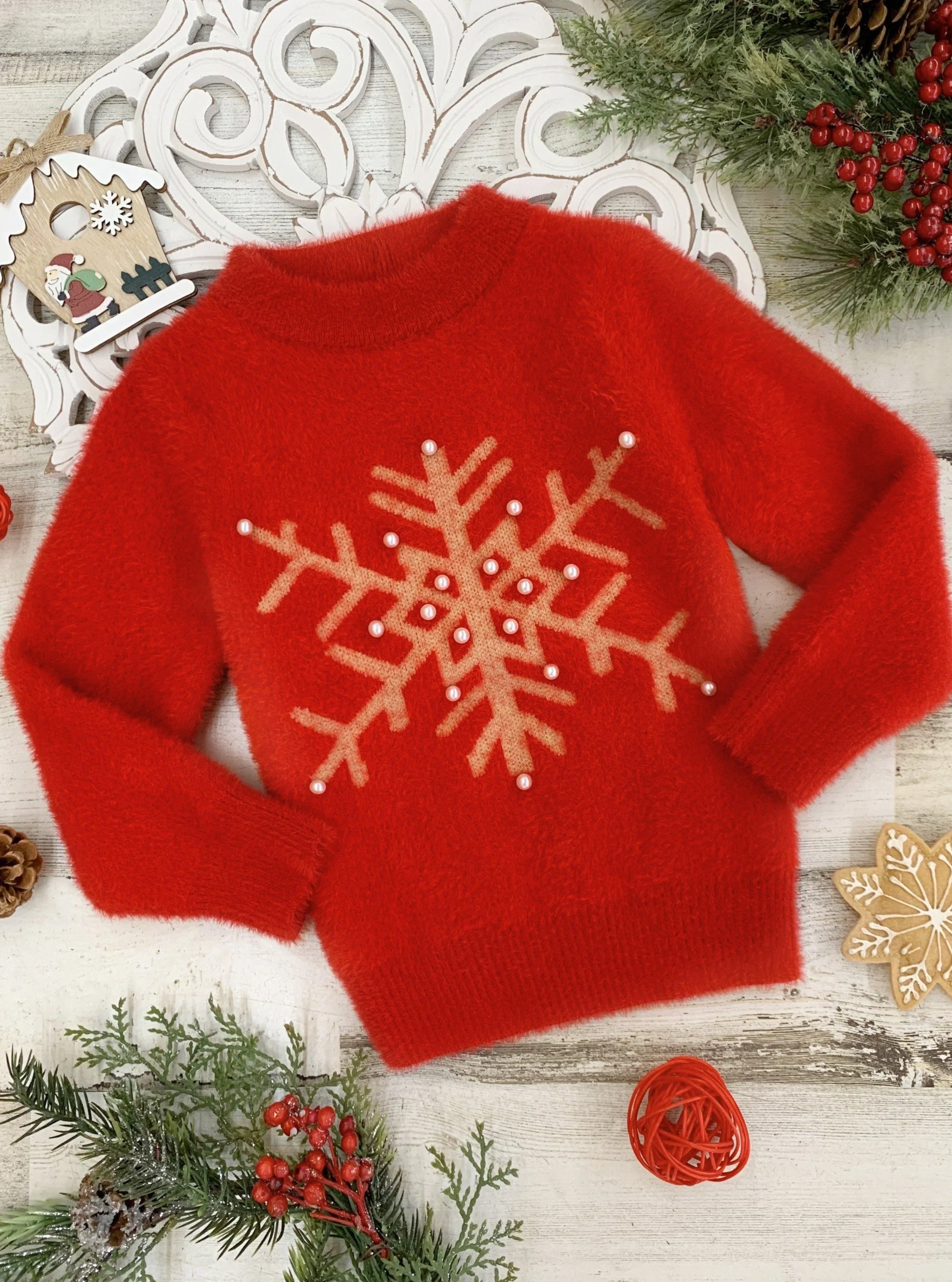 Snowflake and Pearls Fuzzy Holiday Sweater - Image 3