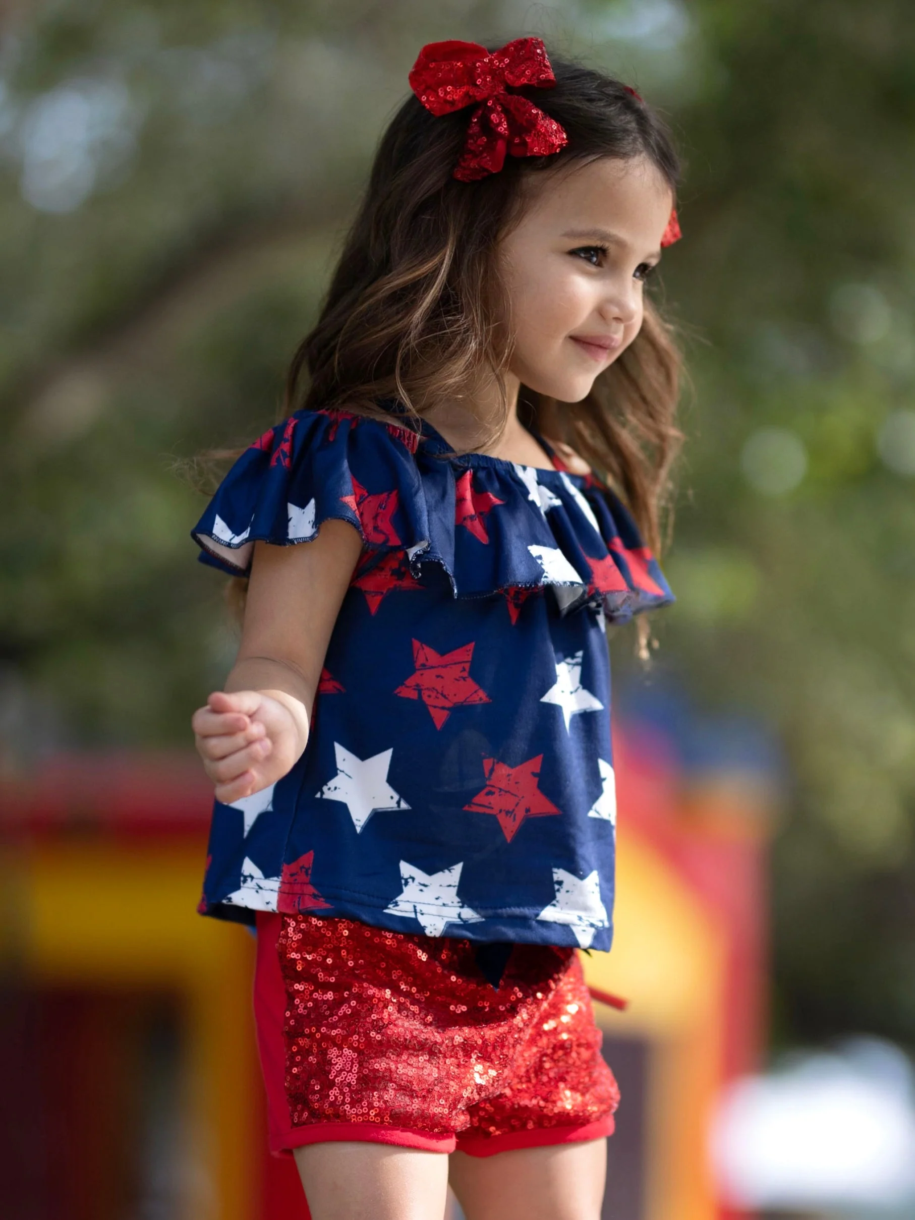Sparkle Star Cold Shoulder Top and Sequin Short Set - Image 3