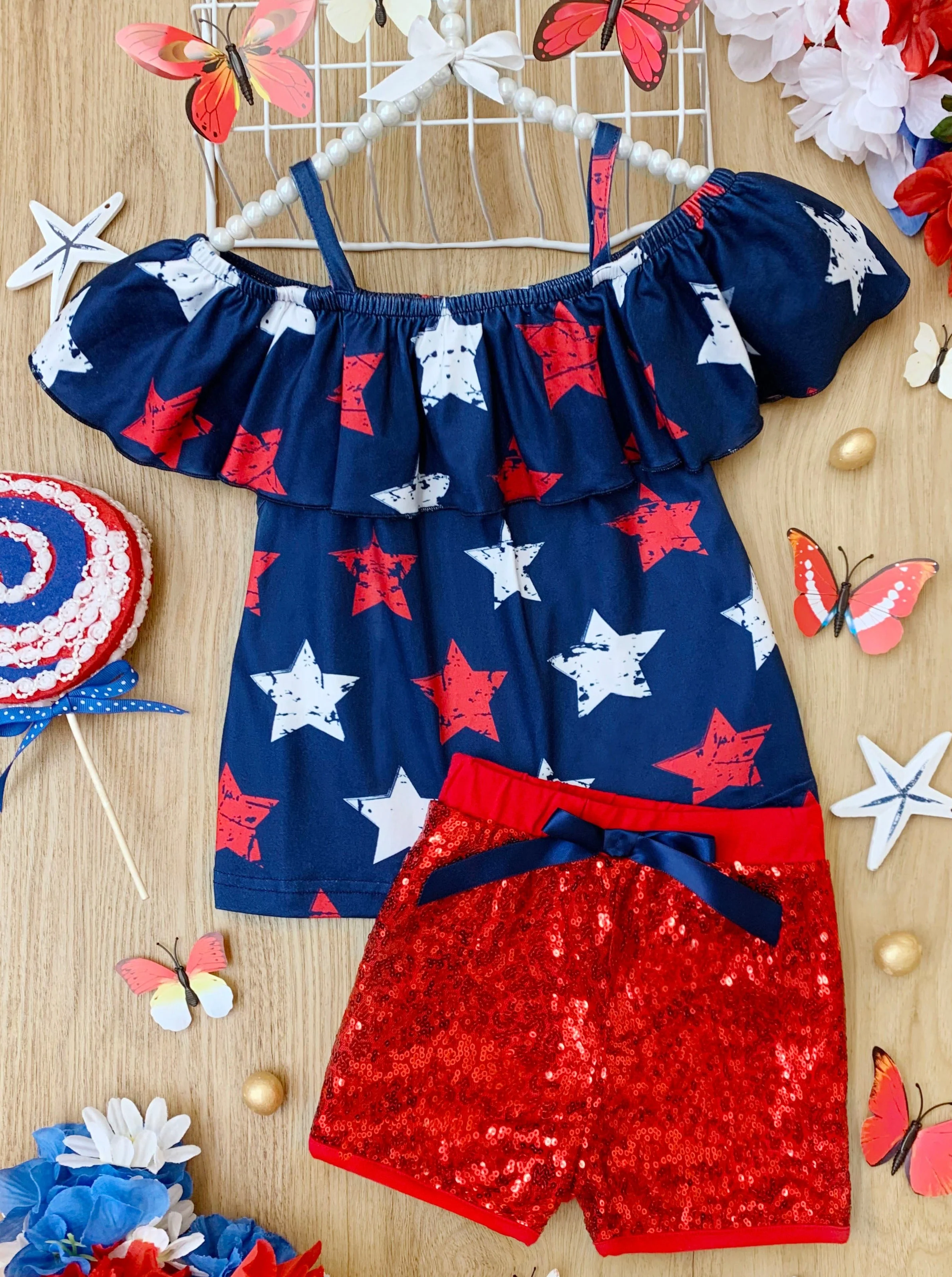 Sparkle Star Cold Shoulder Top and Sequin Short Set - Image 4
