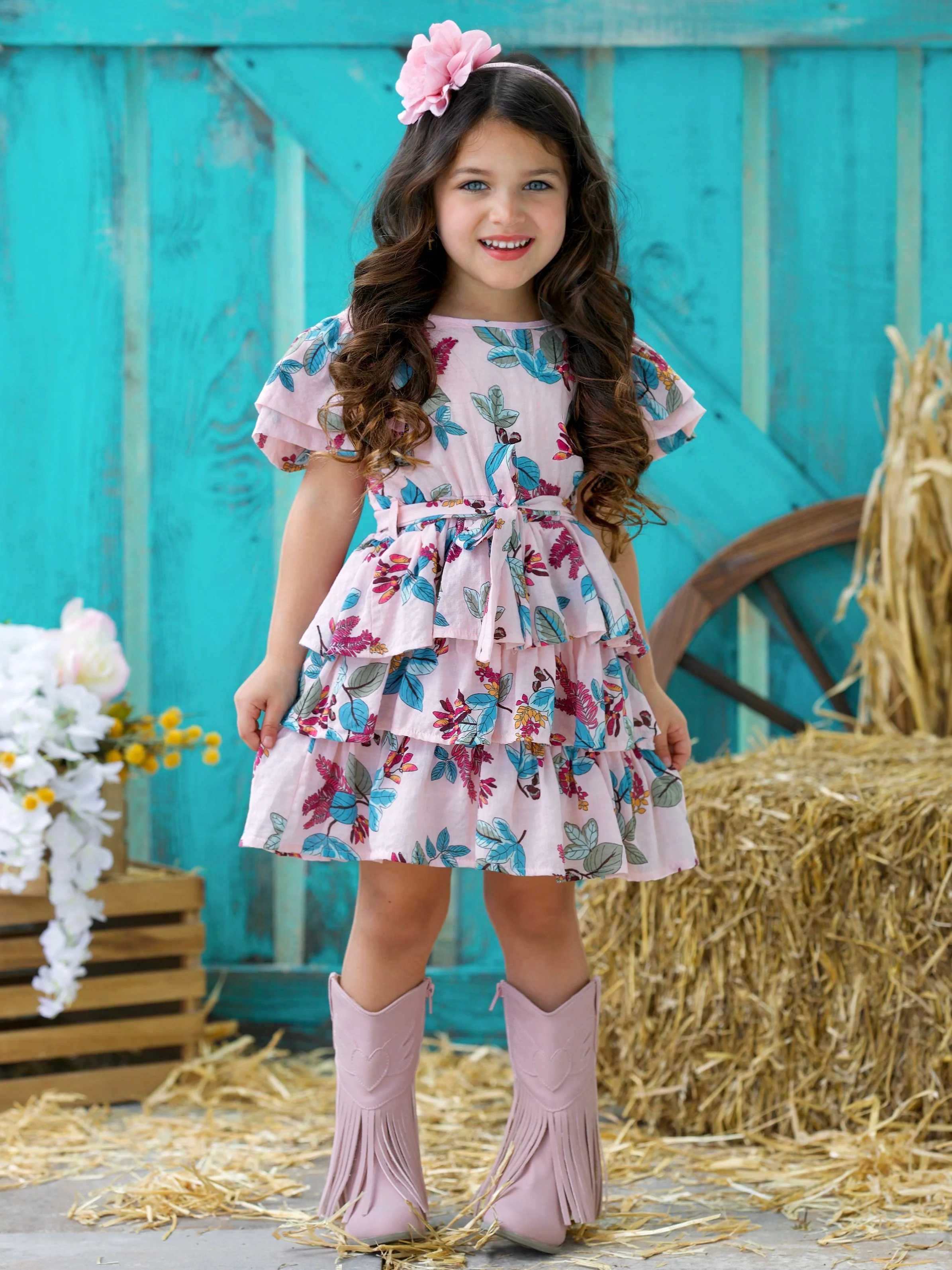 Garden Party Pink Floral Tiered Ruffle Dress - Image 2