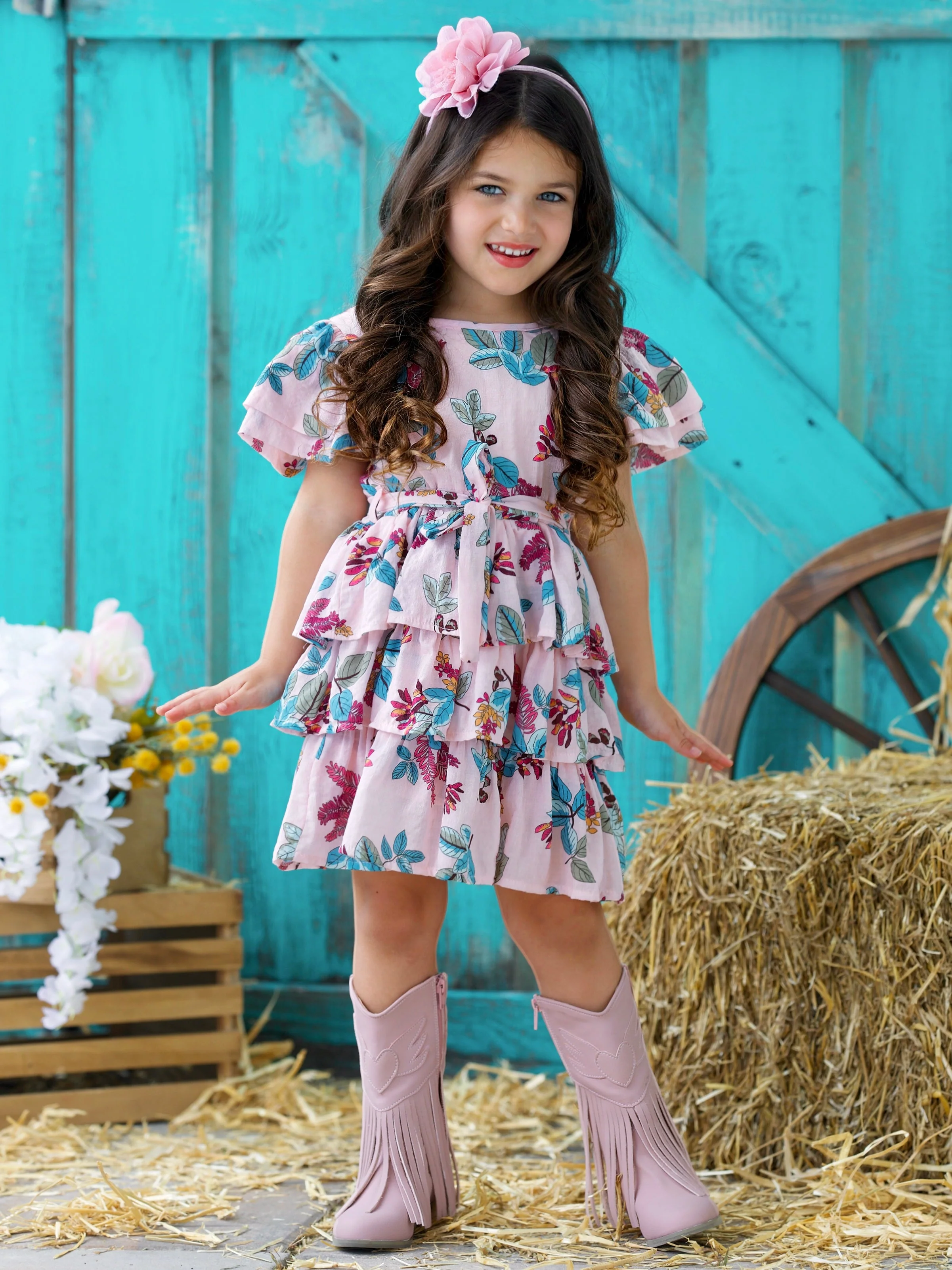 Garden Party Pink Floral Tiered Ruffle Dress - Image 3