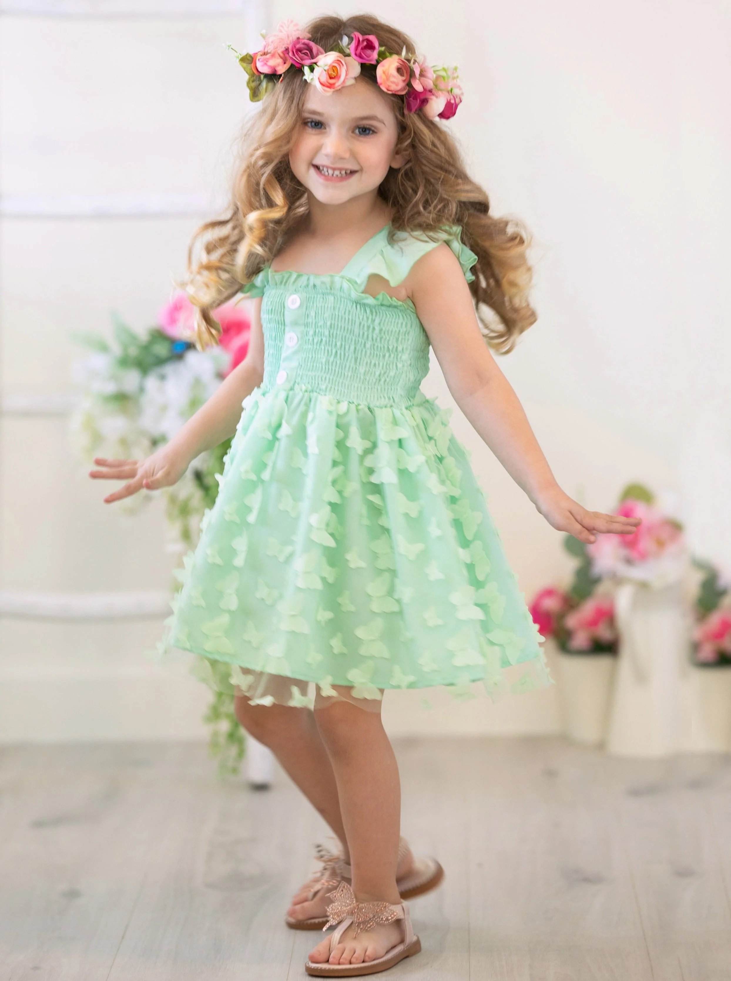 Butterfly Kisses Green Smocked Dress - Image 2