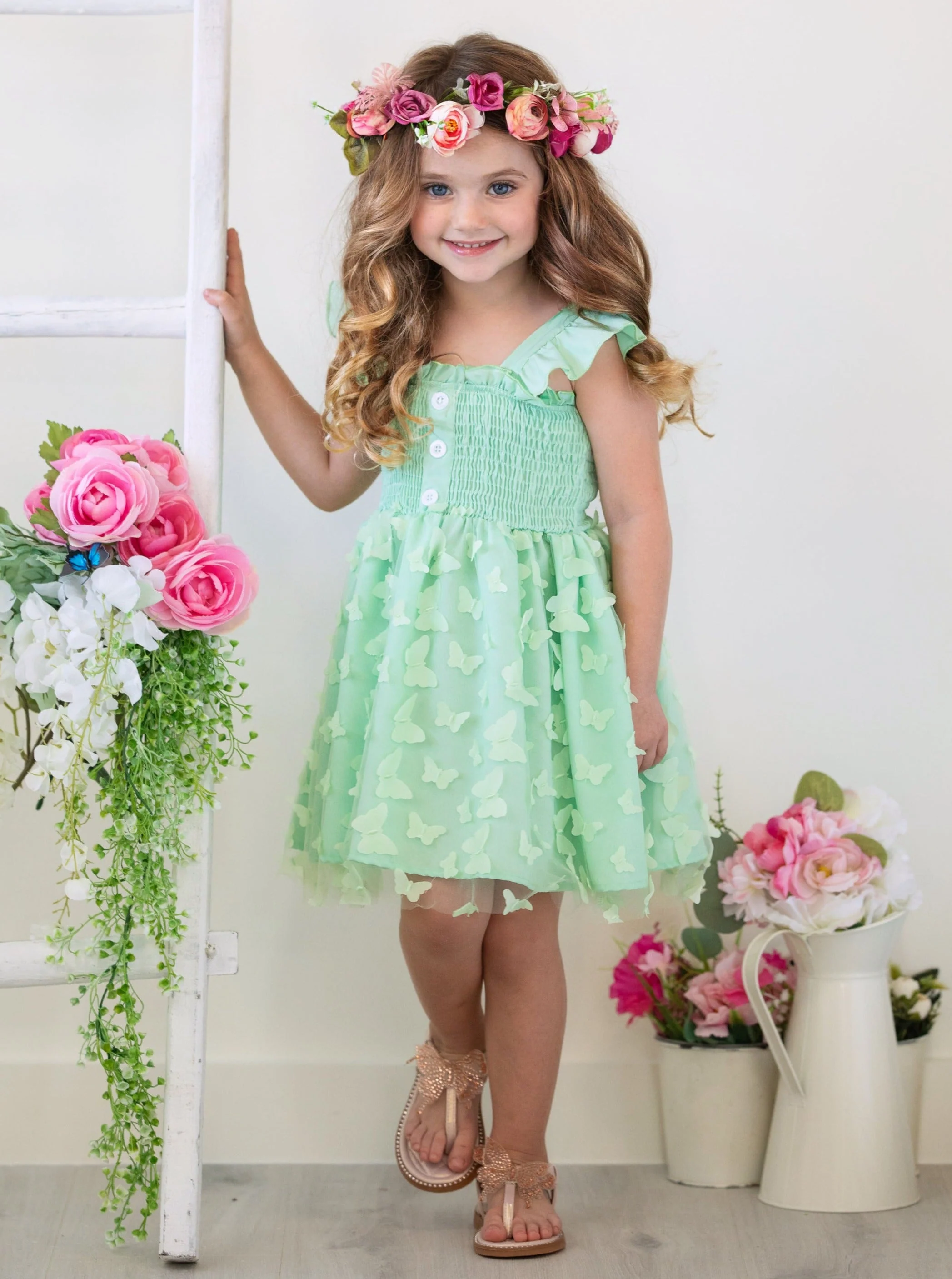 Butterfly Kisses Green Smocked Dress - Image 3