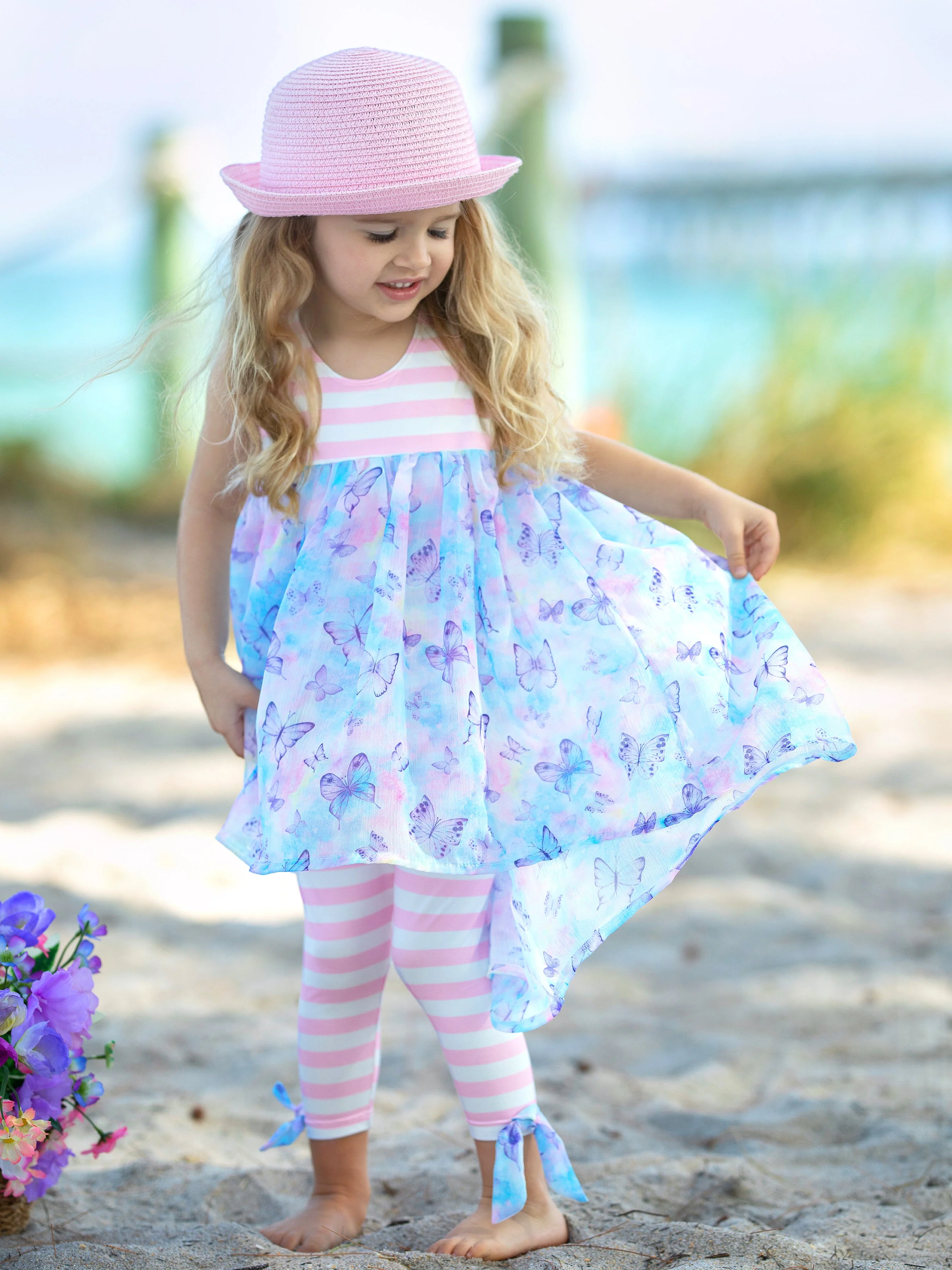 Beachy Butterflies Hi-Lo Tunic and Striped Legging Set - Image 2