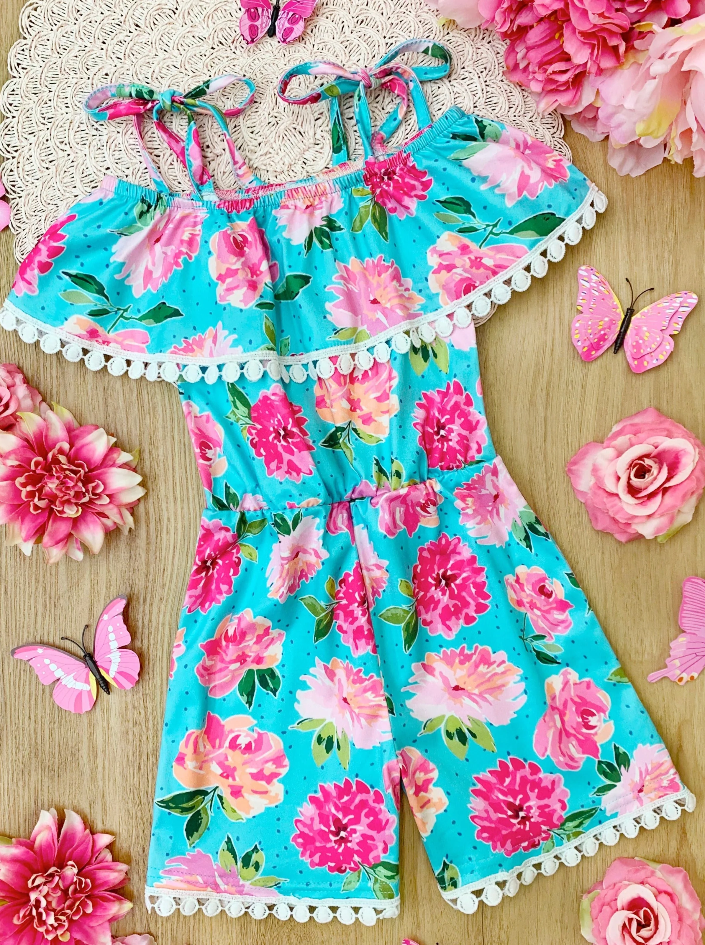 You Da Pom Floral Tassel Trim Romper - Image 2